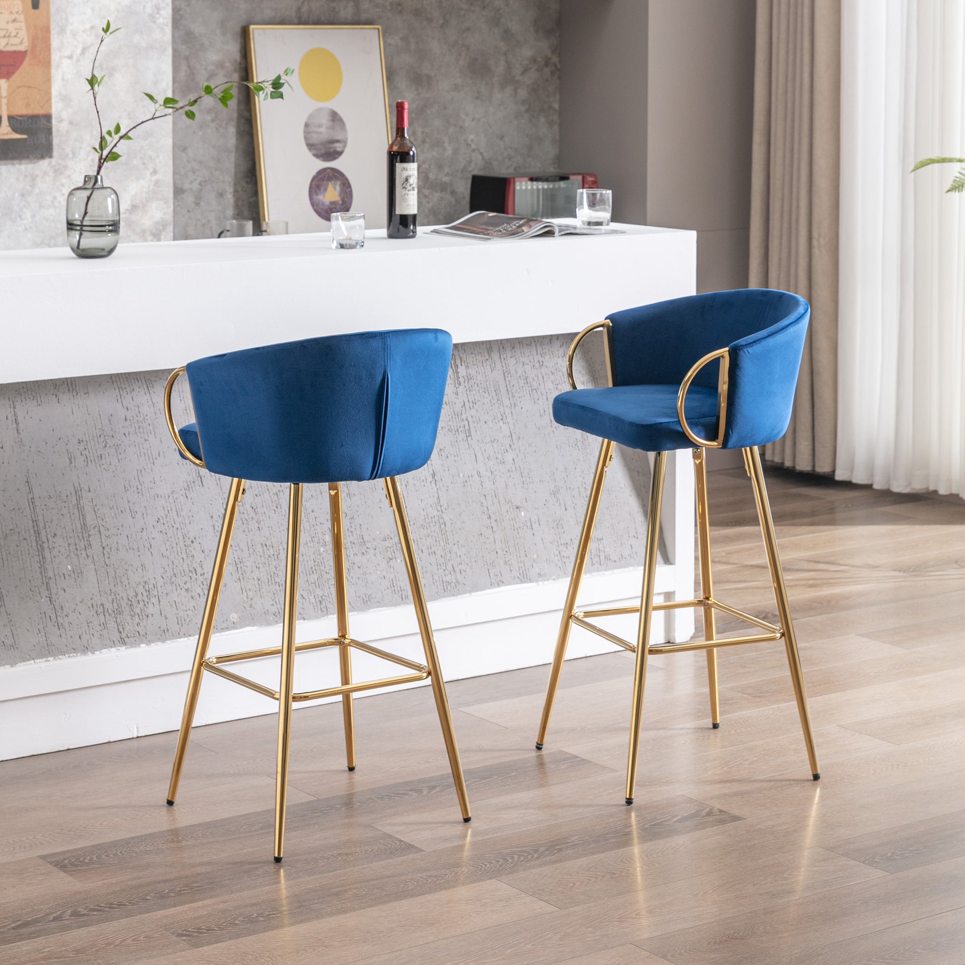 26 Inch Set Of 2 Bar Stools,With Chrome Footrest Velvet Golden Leg Simple Bar Stool,Blue Blue Foam Fabric