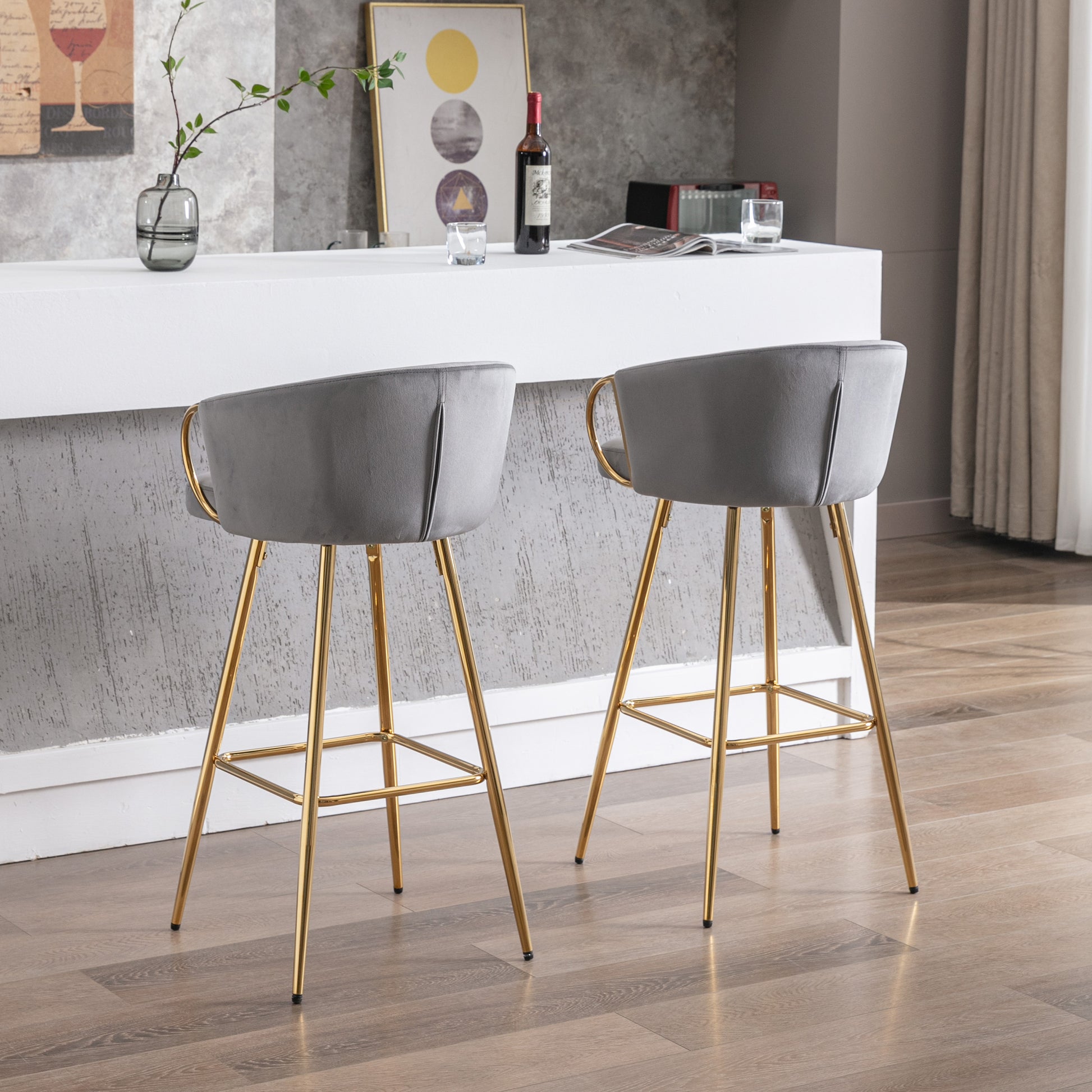 26 Inch Set Of 2 Bar Stools,With Chrome Footrest And Base Velvet Golden Leg Simple Bar Stool,Gray Gray Foam Fabric