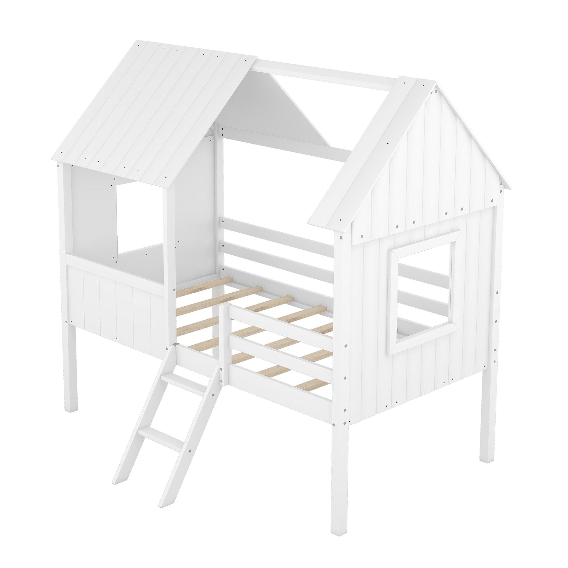 Twin Size Low Loft Wood House Bed With Two Side Windows White Old Sku: Lp000037Aak White Solid Wood