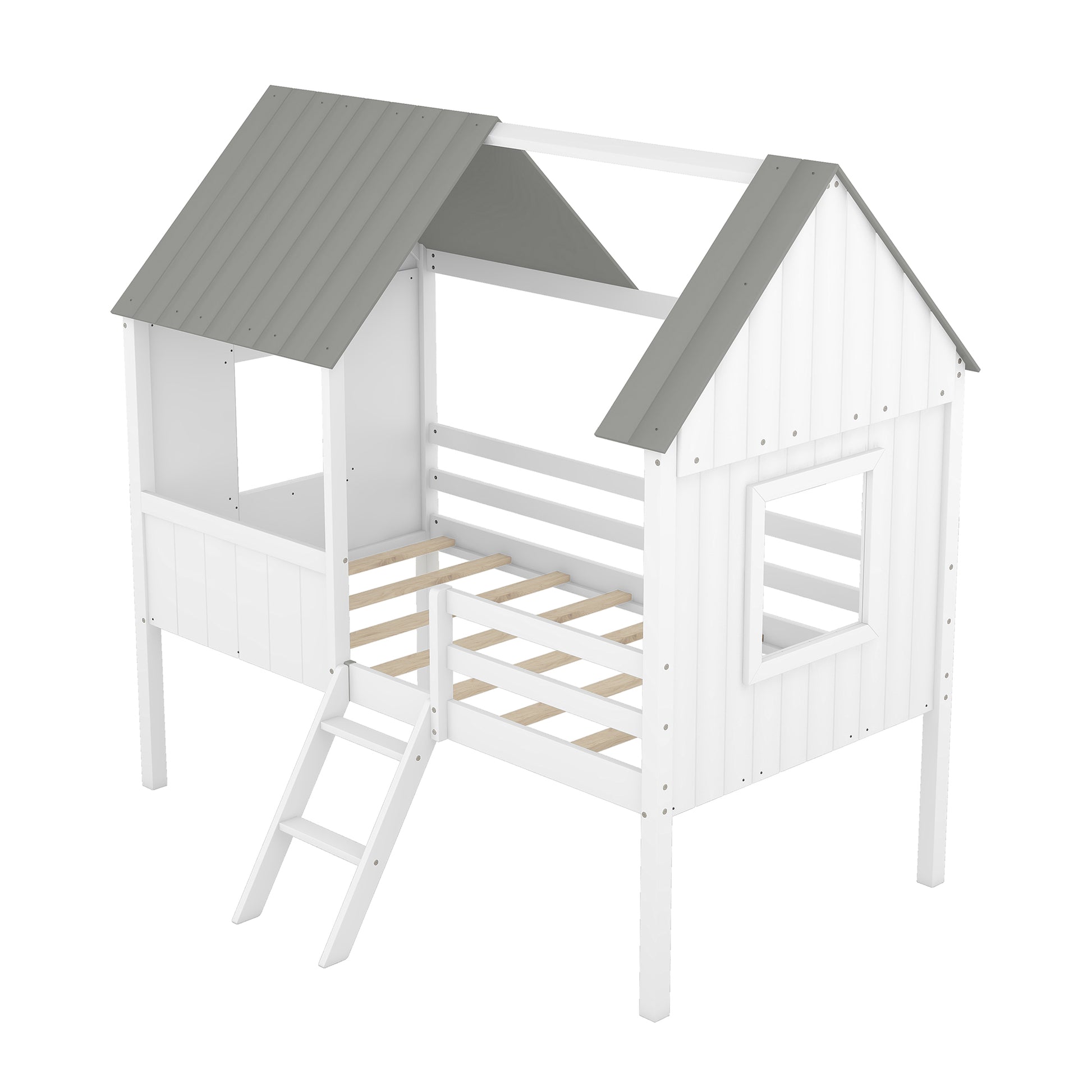 Twin Size Low Loft Wood House Bed With Two Side Windows White Gray Old Sku: Lp000037Aae Gray Solid Wood