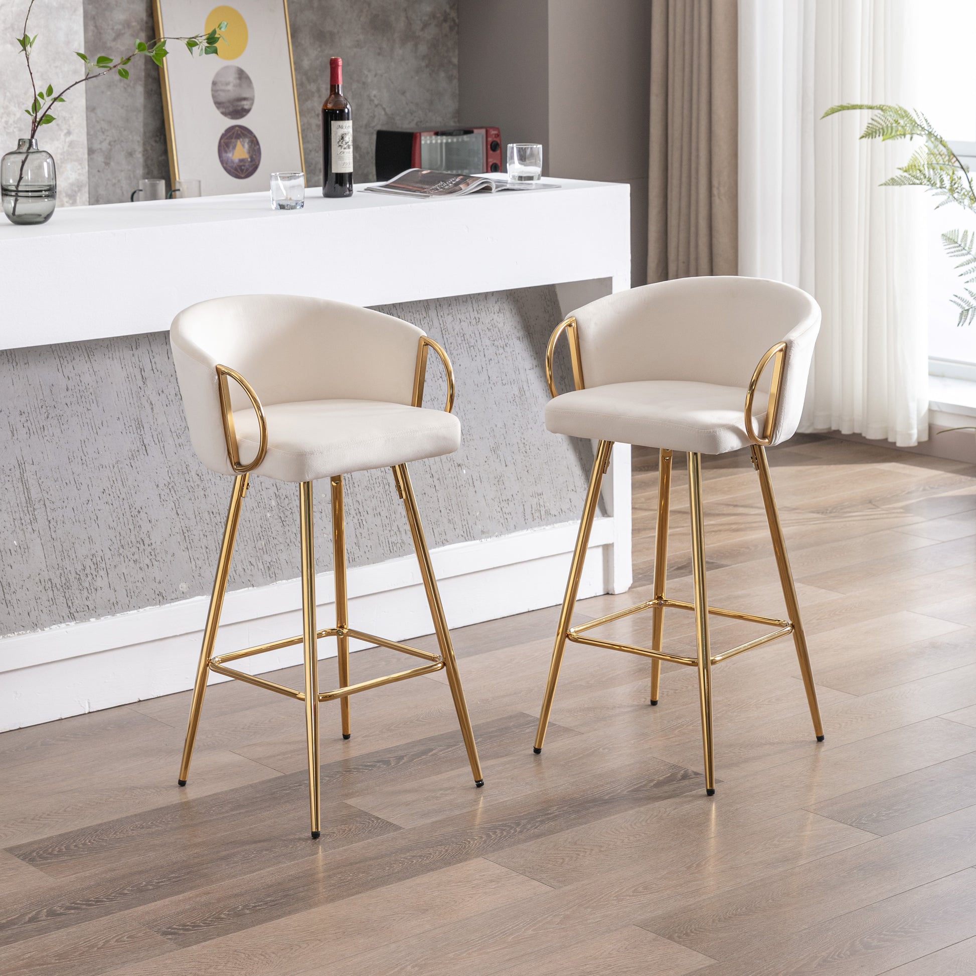 30 Inch Set Of 2 Bar Stools,With Chrome Footrest And Base Velvet Golden Leg Simple Bar Stool,Cream Cream Foam Fabric