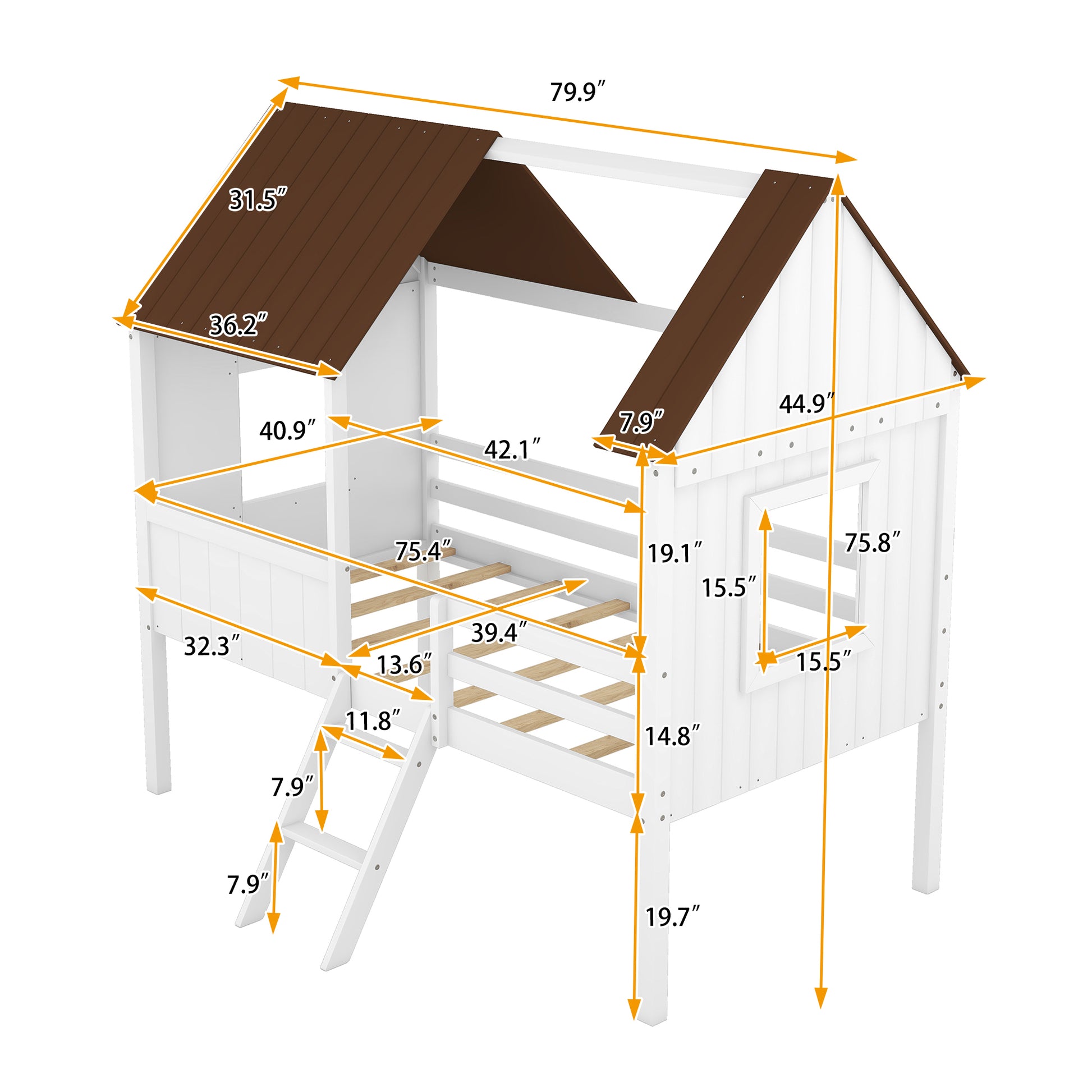 Twin Size Low Loft Wood House Bed With Two Side Windows White Brown Old Sku: Lp000037Aad Gray Solid Wood