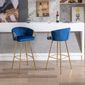 30 Inch Set Of 2 Bar Stools,With Chrome Footrest And Base Velvet Golden Leg Simple Bar Stool,Blue Blue Foam Fabric