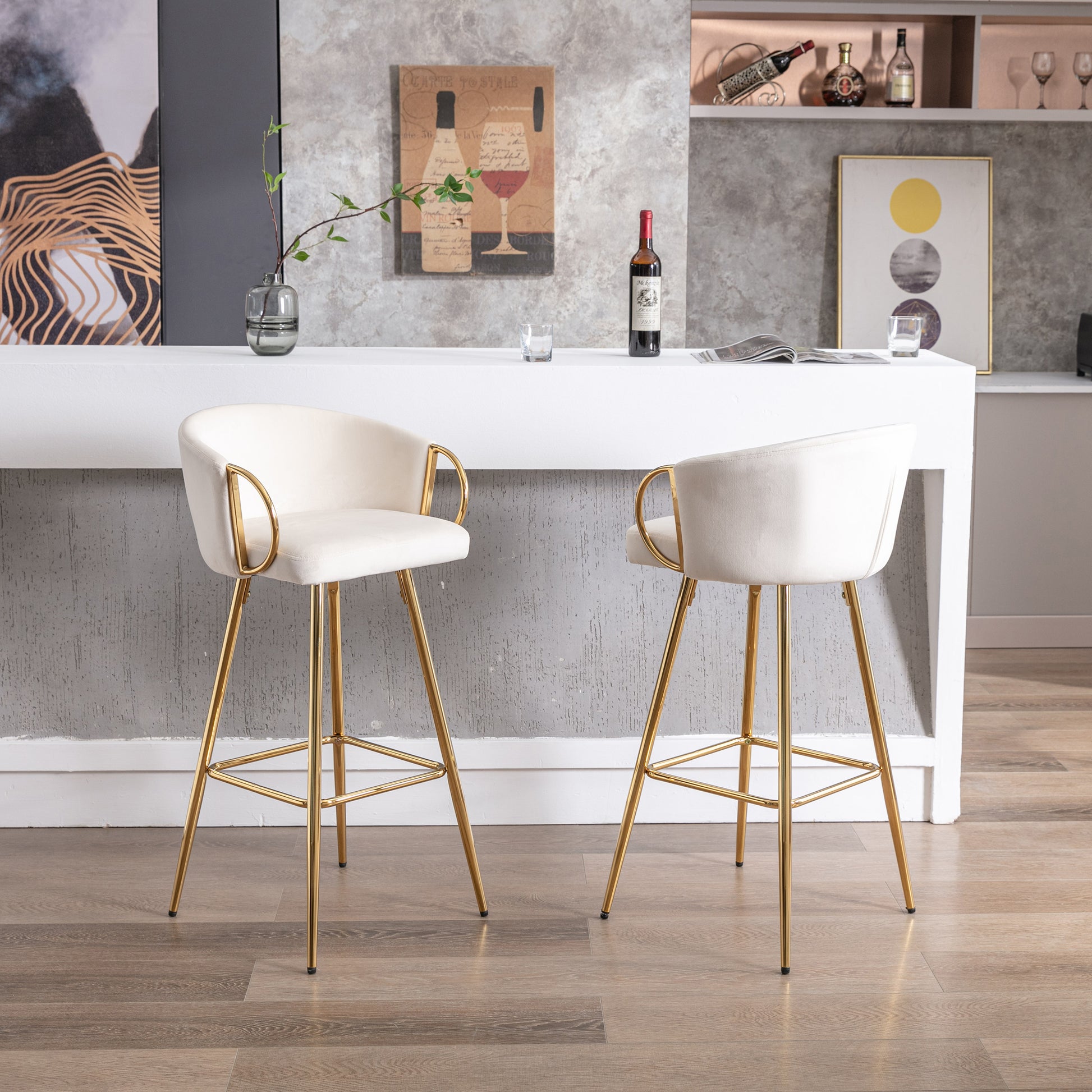 30 Inch Set Of 2 Bar Stools,With Chrome Footrest And Base Velvet Golden Leg Simple Bar Stool,Cream Cream Foam Fabric