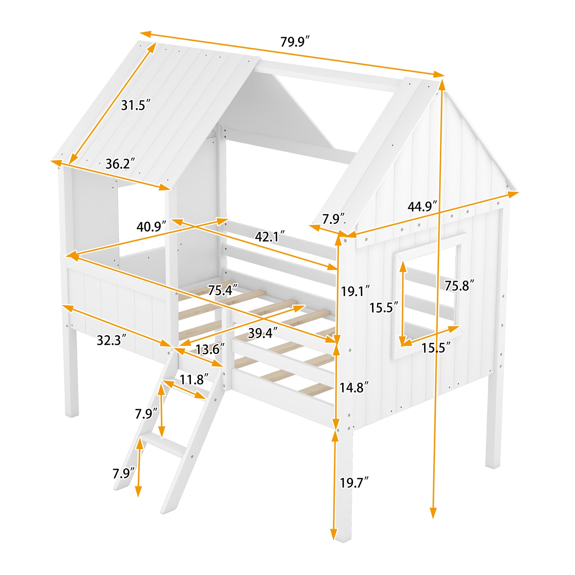 Twin Size Low Loft Wood House Bed With Two Side Windows White Old Sku: Lp000037Aak White Solid Wood