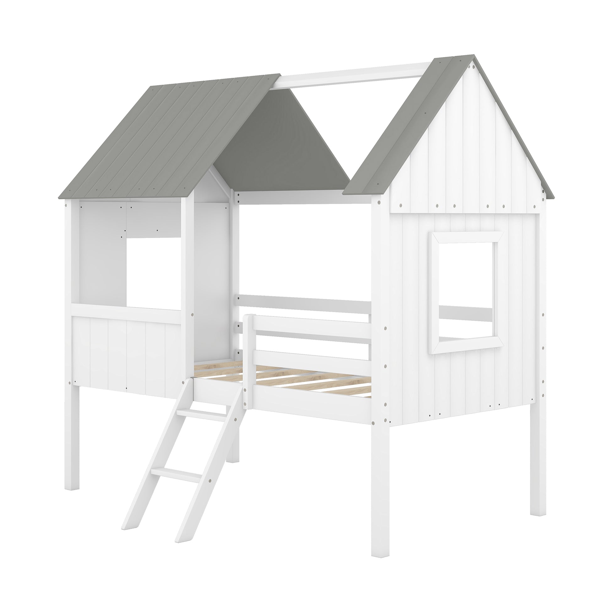Twin Size Low Loft Wood House Bed With Two Side Windows White Gray Old Sku: Lp000037Aae Gray Solid Wood