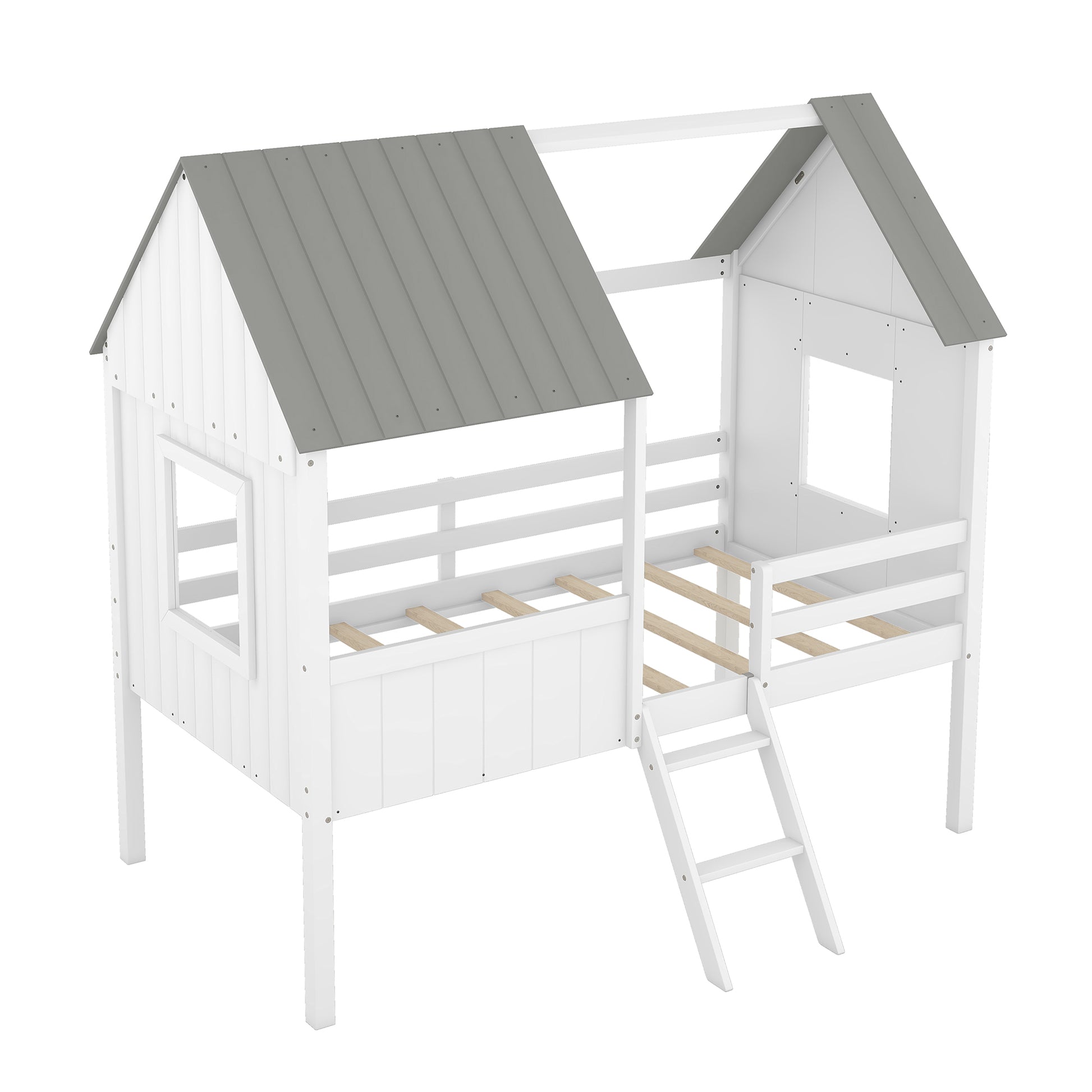 Twin Size Low Loft Wood House Bed With Two Side Windows White Gray Old Sku: Lp000037Aae Gray Solid Wood