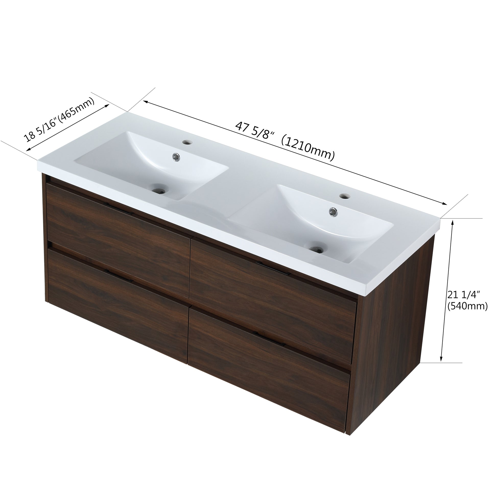 48 Inch Bathroom Vanity With Dual Sink, Resin Sink, 4 Soft Close Drawers, 48X18 California Walnut Plywood