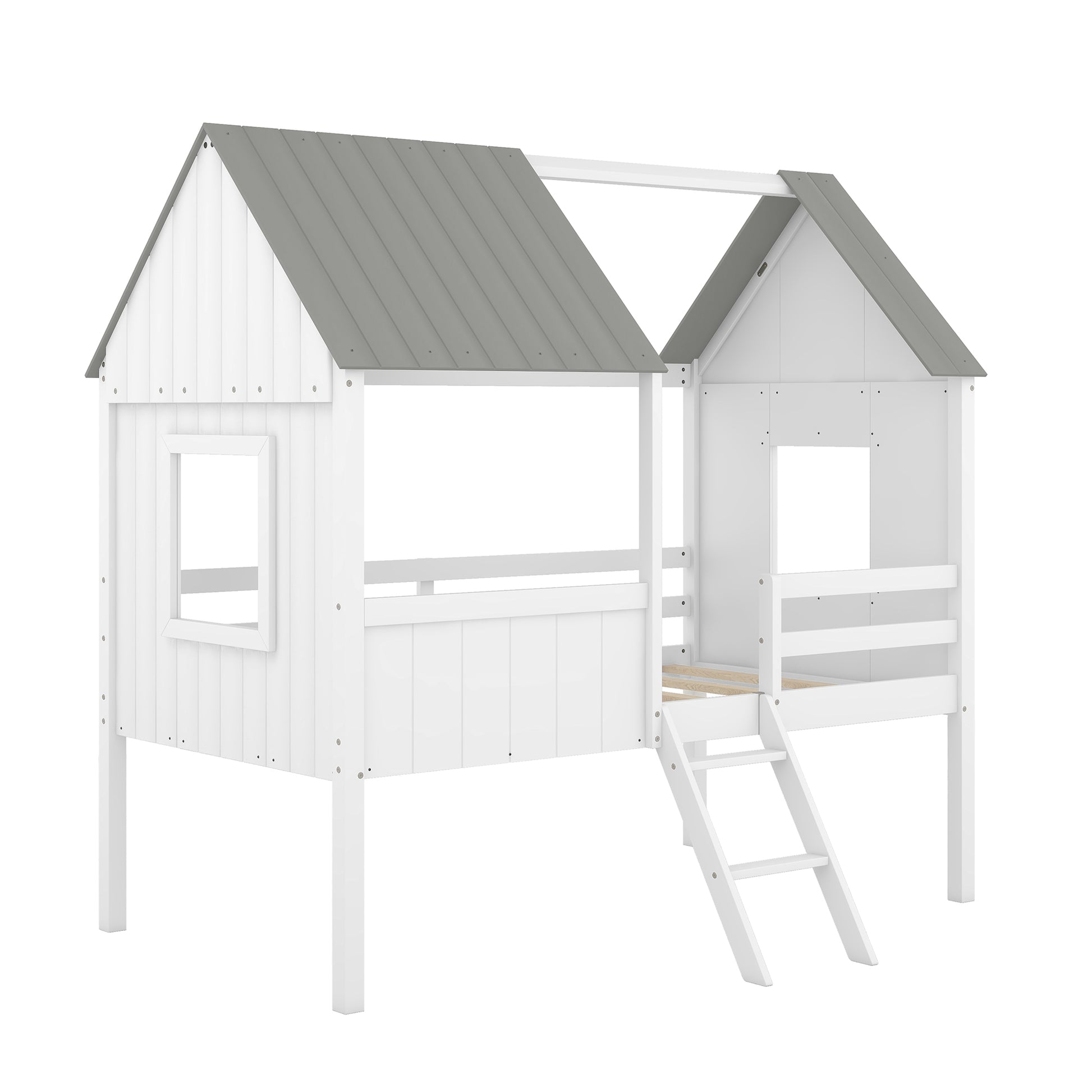 Twin Size Low Loft Wood House Bed With Two Side Windows White Gray Old Sku: Lp000037Aae Gray Solid Wood