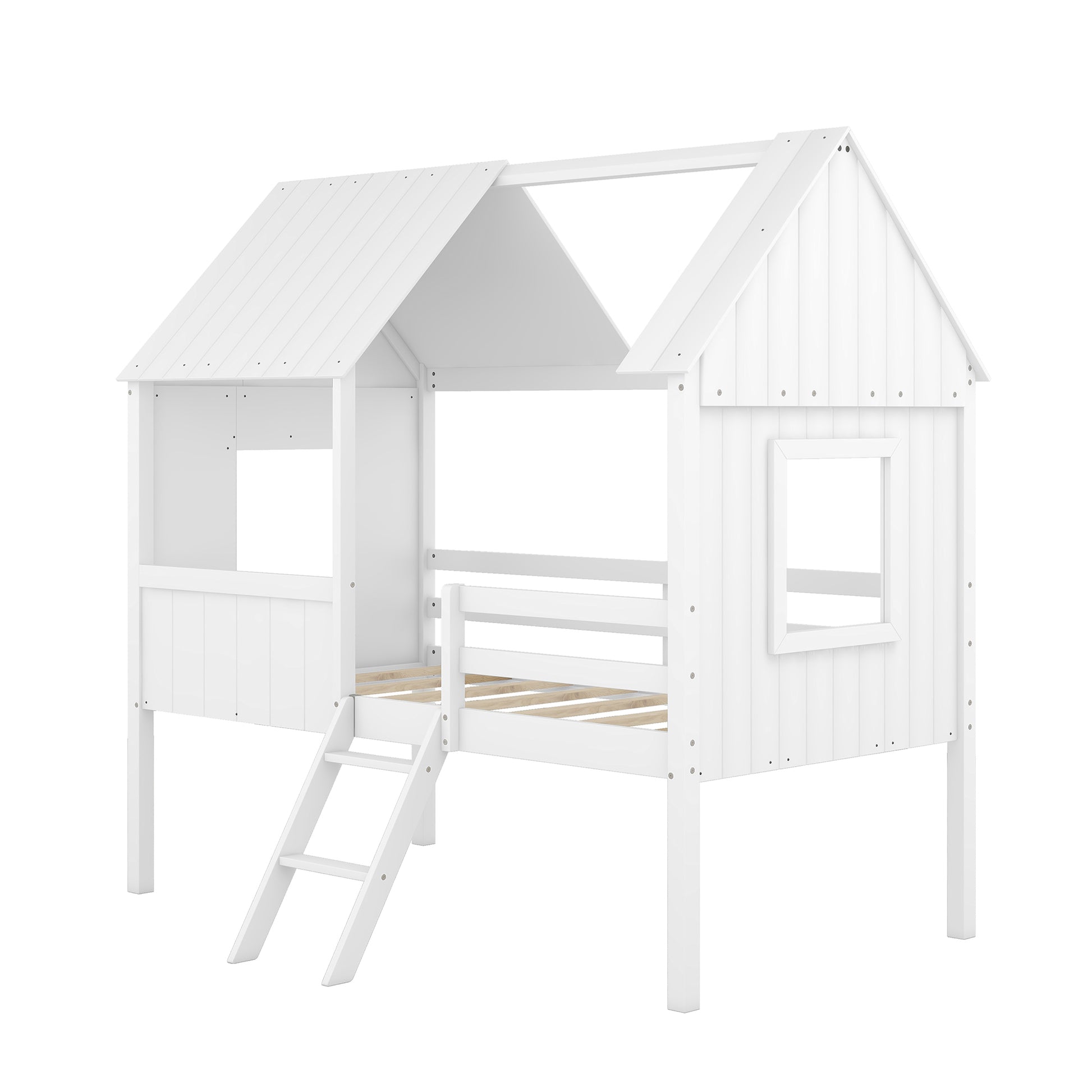 Twin Size Low Loft Wood House Bed With Two Side Windows White Old Sku: Lp000037Aak White Solid Wood