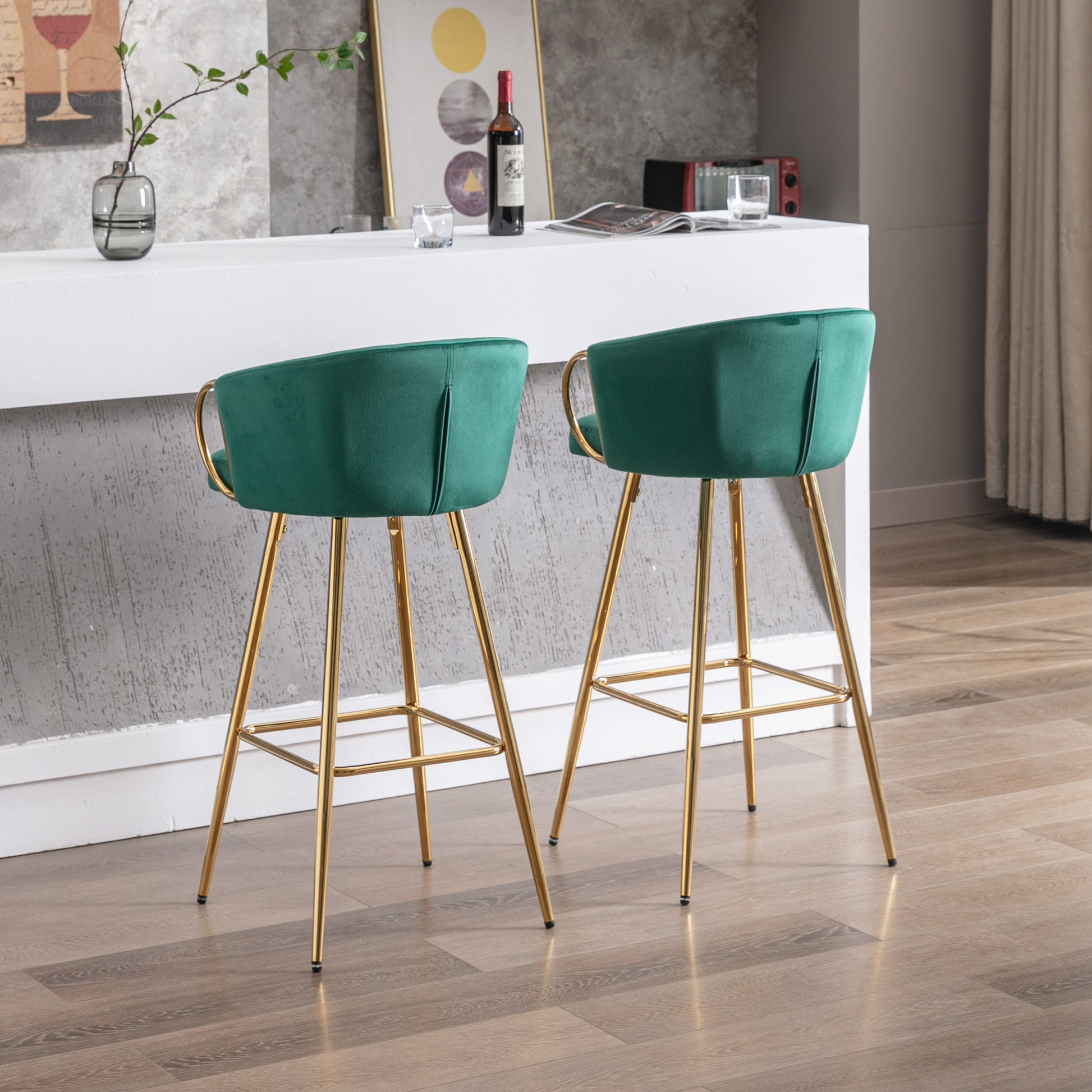 30 Inch Set Of 2 Bar Stools,With Chrome Footrest And Base Velvet Golden Leg Simple Bar Stool,Green Green Foam Fabric