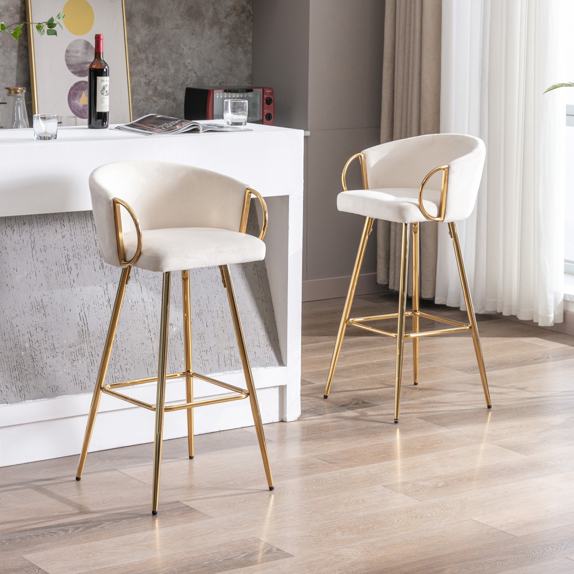 30 Inch Set Of 2 Bar Stools,With Chrome Footrest And Base Velvet Golden Leg Simple Bar Stool,Cream Cream Foam Fabric