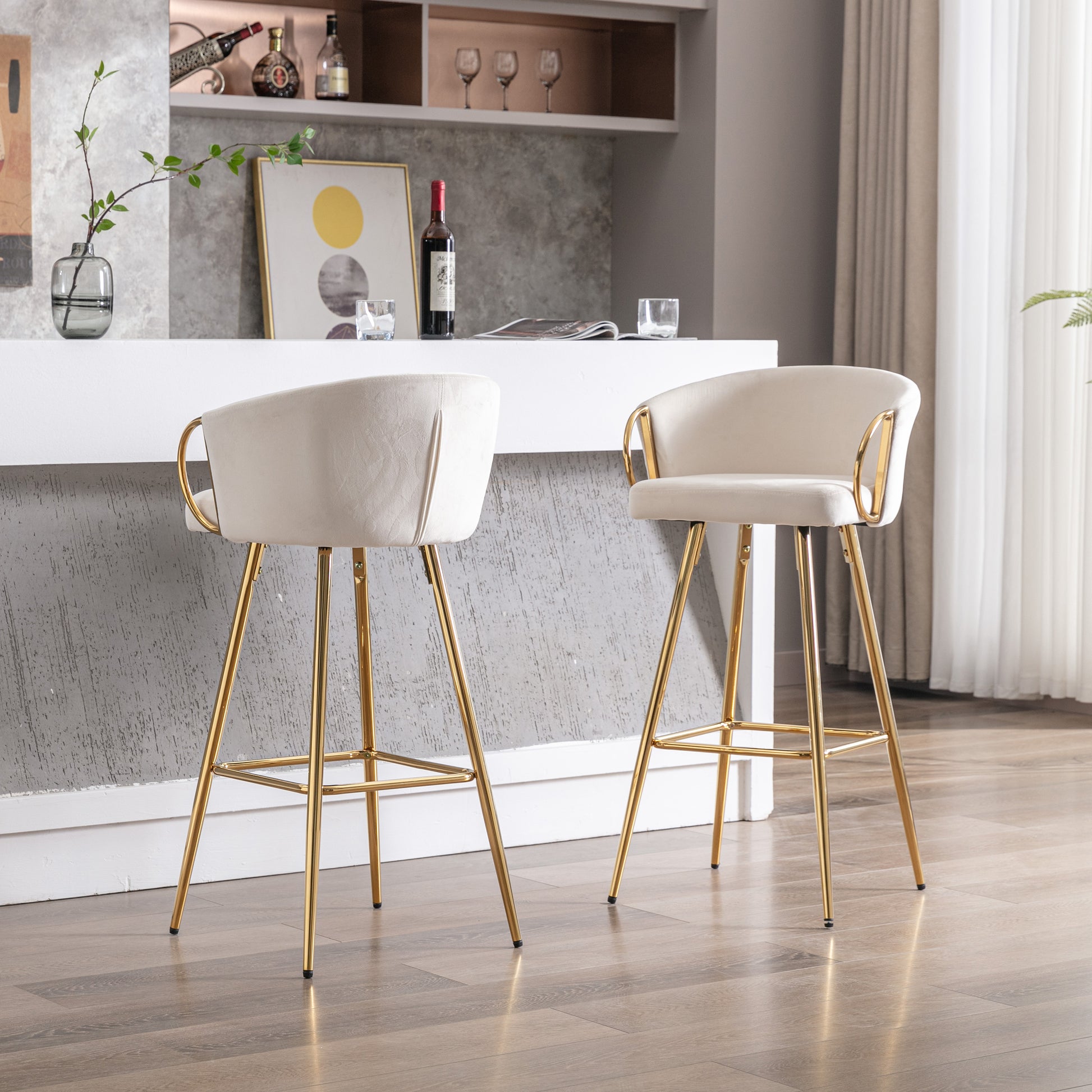 30 Inch Set Of 2 Bar Stools,With Chrome Footrest And Base Velvet Golden Leg Simple Bar Stool,Cream Cream Foam Fabric