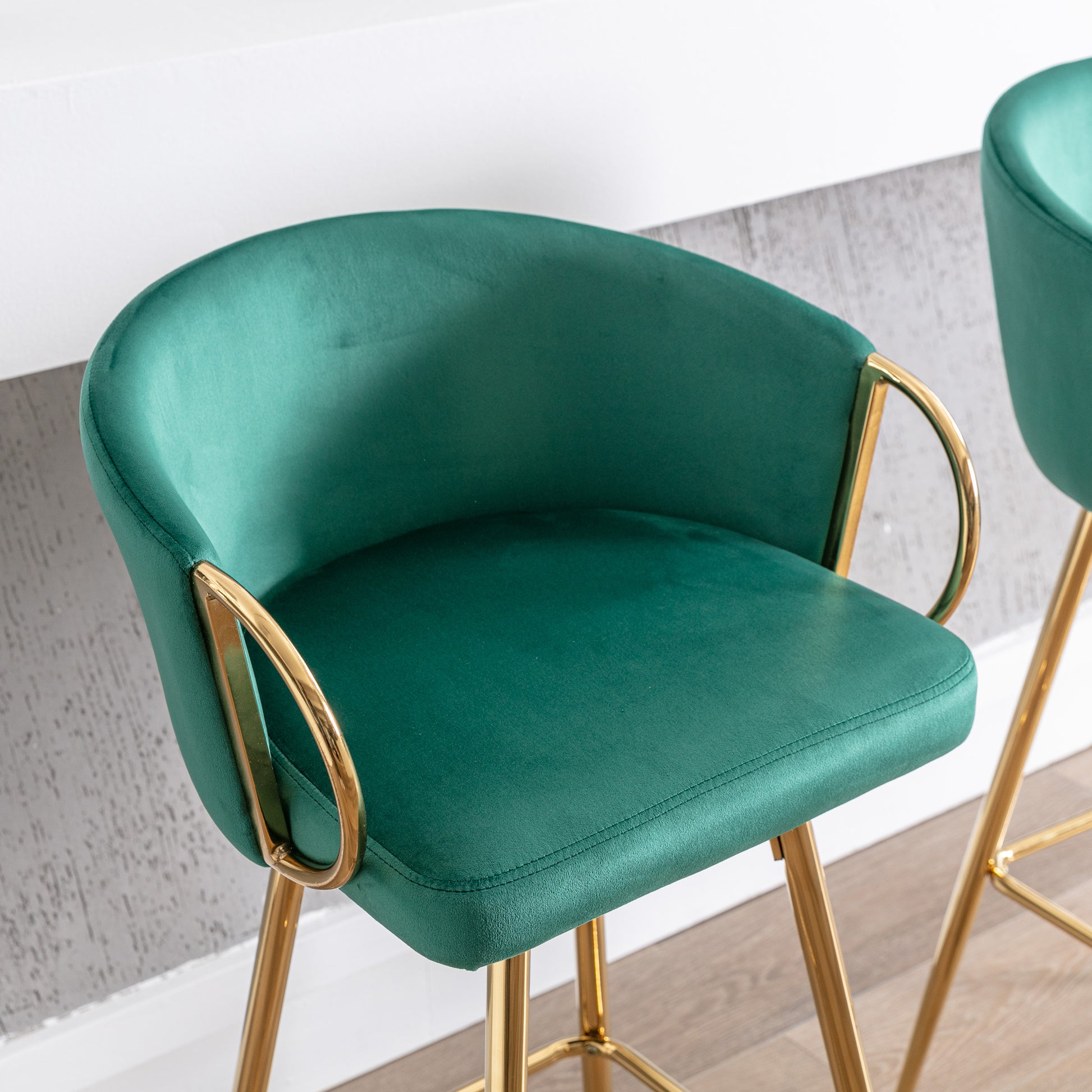30 Inch Set Of 2 Bar Stools,With Chrome Footrest And Base Velvet Golden Leg Simple Bar Stool,Green Green Foam Fabric