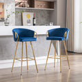 30 Inch Set Of 2 Bar Stools,With Chrome Footrest And Base Velvet Golden Leg Simple Bar Stool,Blue Blue Foam Fabric