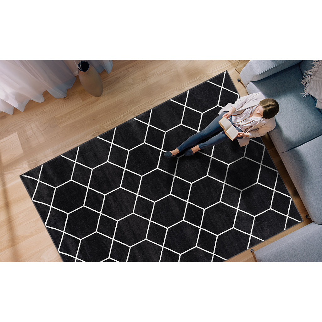 Trellis Geometric Woven Area Rug Black Cream Polyester