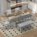 6 Piece Wooden Dining Table Set, Farmhouse Rectangular Dining Table, Four Chairs With Exquisitely Designed Hollow Chair Back And Bench For Home Dining Room Gray White White Gray Solid Wood