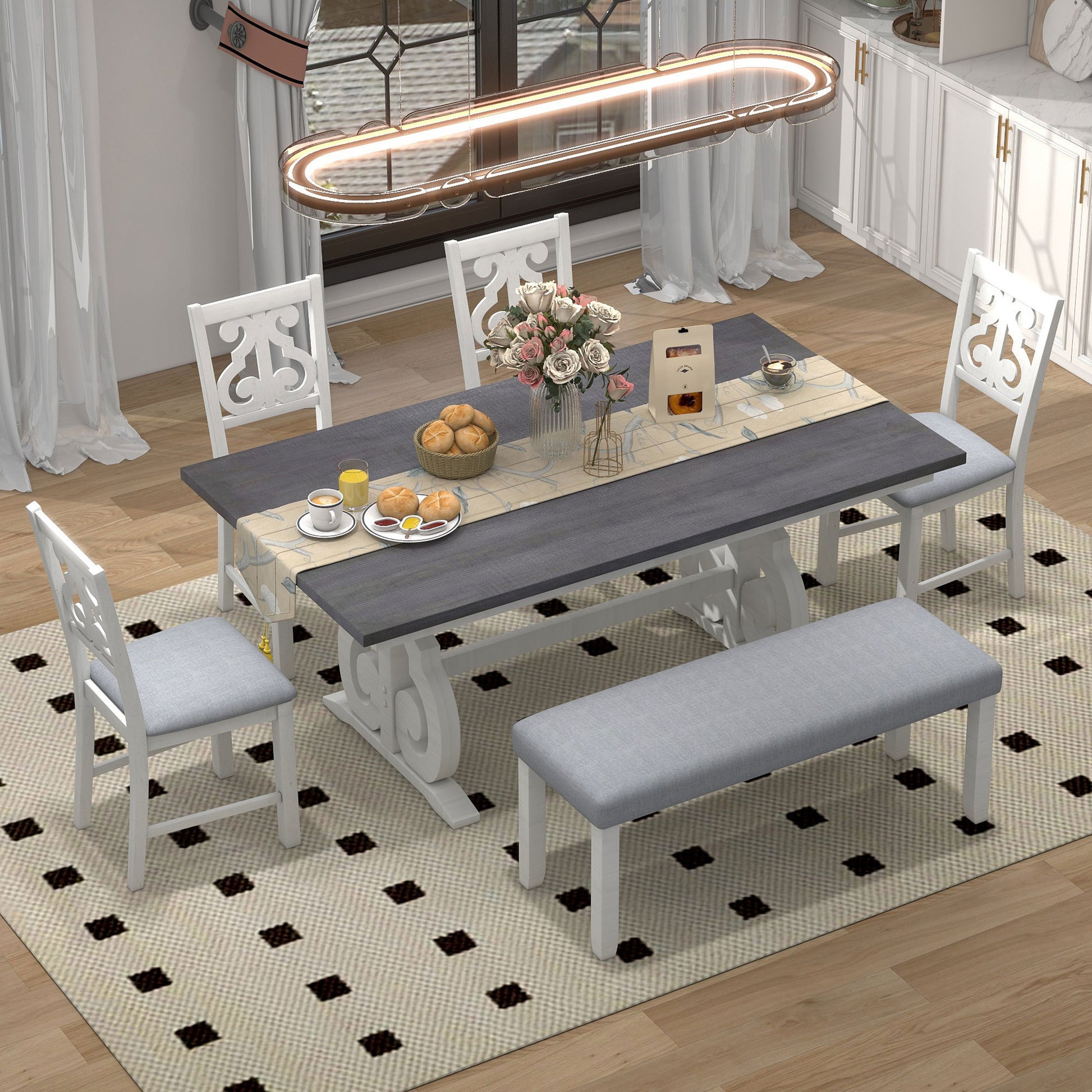 6 Piece Wooden Dining Table Set, Farmhouse Rectangular Dining Table, Four Chairs With Exquisitely Designed Hollow Chair Back And Bench For Home Dining Room Gray White White Gray Solid Wood