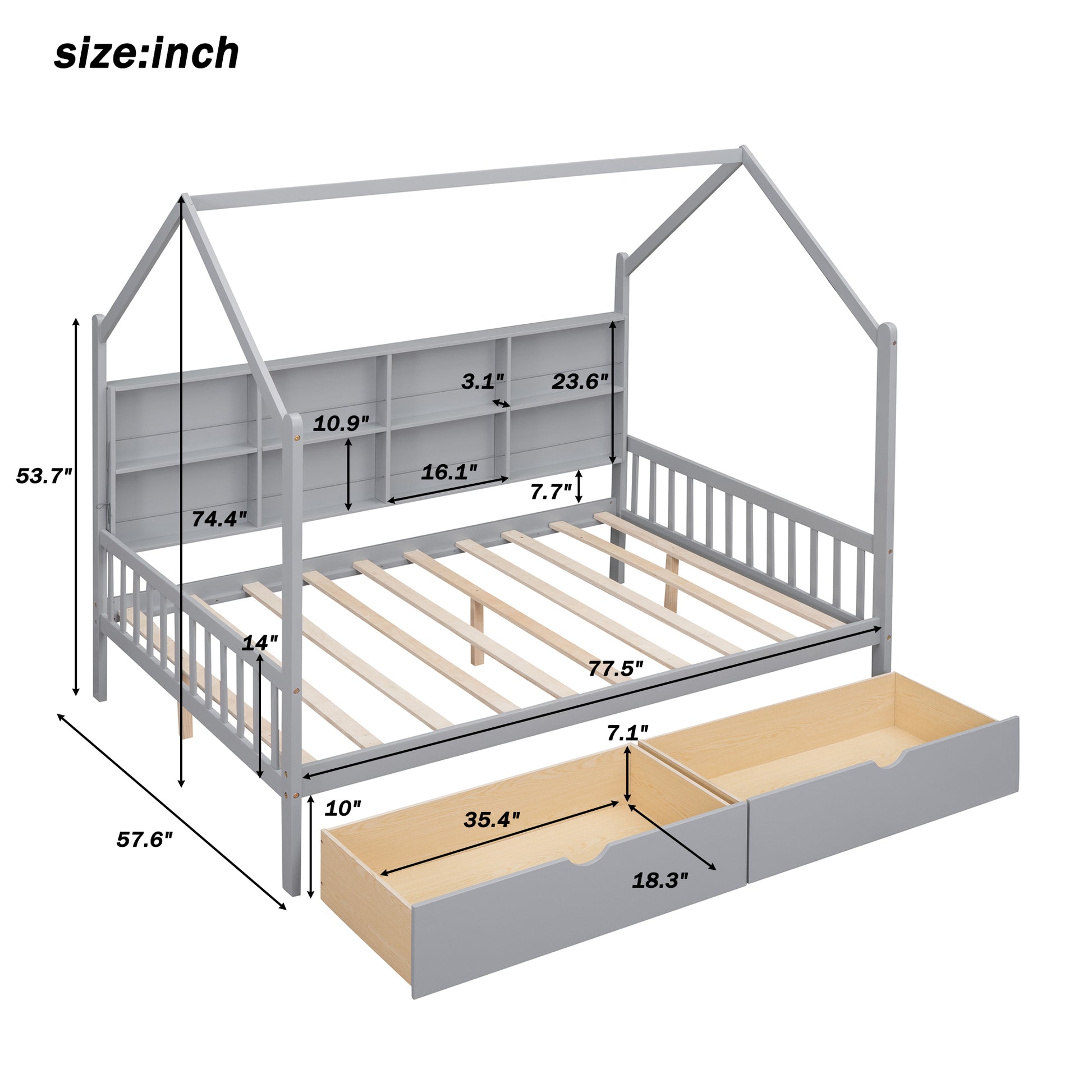 Wooden Full Size House Bed With 2 Drawers,Kids Bed With Storage Shelf, Gray Expected Arrival Time: 5.15 Gray Solid Wood