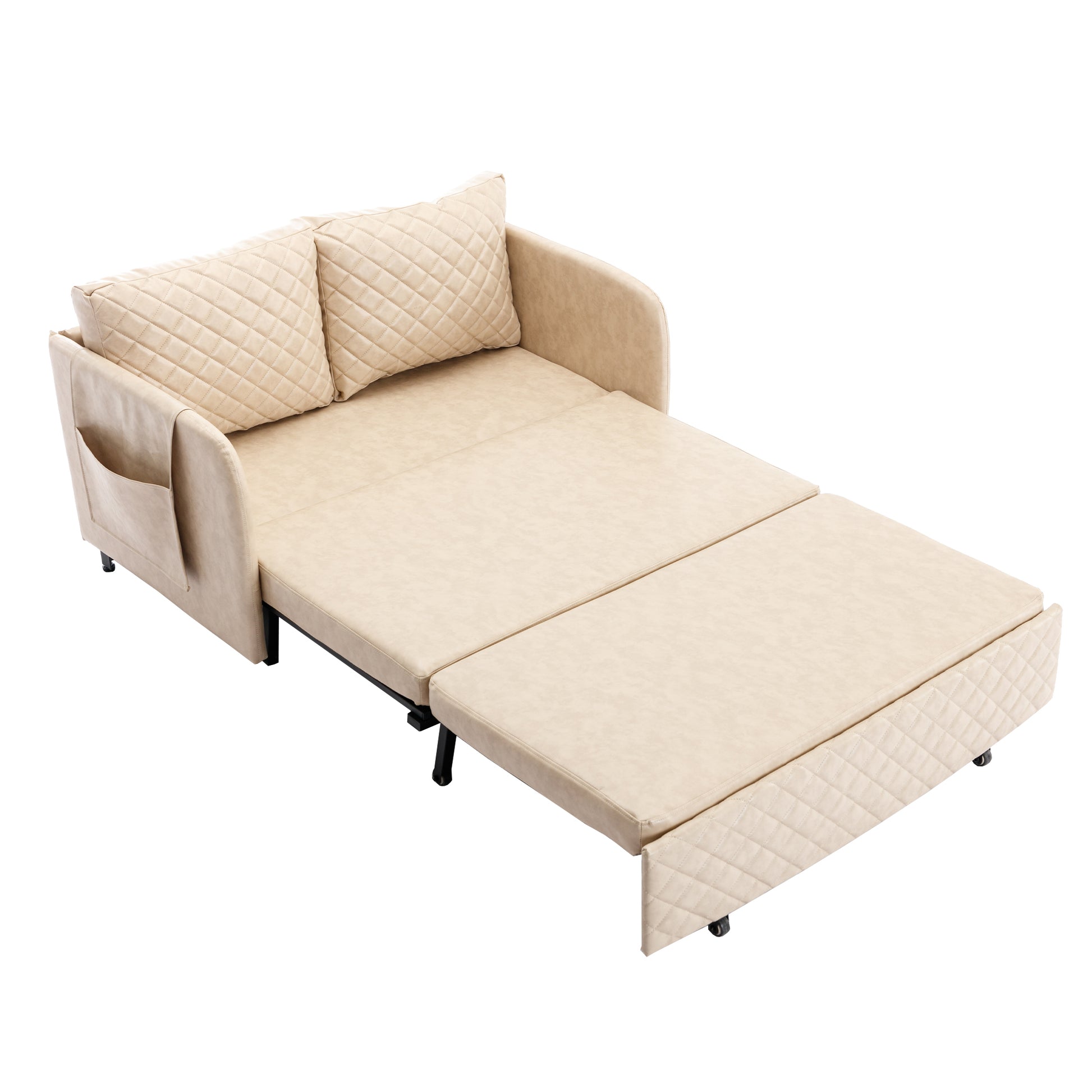 Coolmore Convertible Sleeper Sofa Bed, Modern Velvet Loveseat Couch With Pull Out Bed, Small Beautiful Seat Futon Sofa Bed With Headboard, 2 Pillows & Side Pockets For Living Room Camel Pu