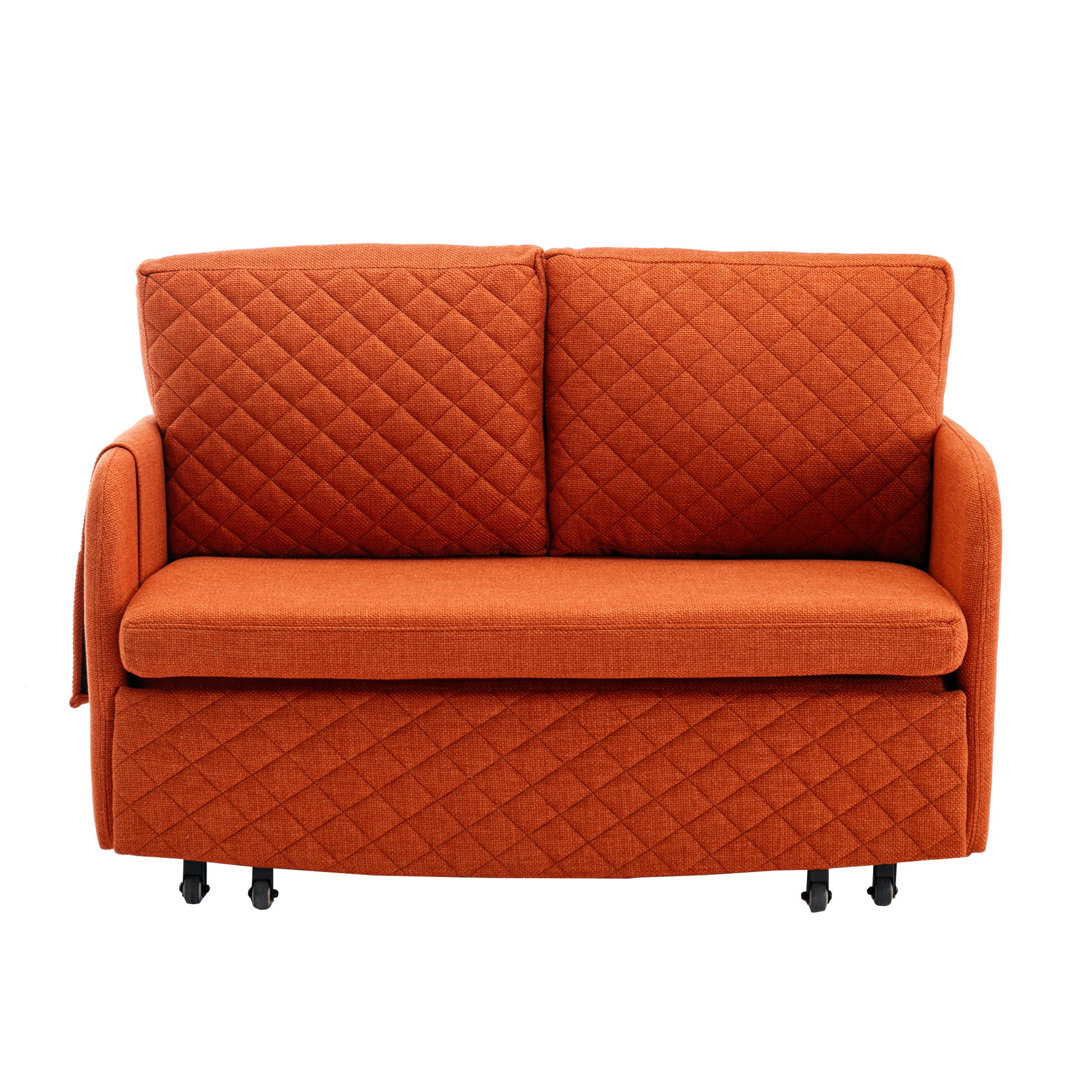 Coolmore Convertible Sleeper Sofa Bed, Modern Velvet Loveseat Couch With Pull Out Bed, Small Beautiful Seat Futon Sofa Bed With Headboard, 2 Pillows & Side Pockets For Living Room Orange Linen