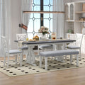 6 Piece Wooden Dining Table Set, Farmhouse Rectangular Dining Table, Four Chairs With Exquisitely Designed Hollow Chair Back And Bench For Home Dining Room Gray White White Gray Solid Wood