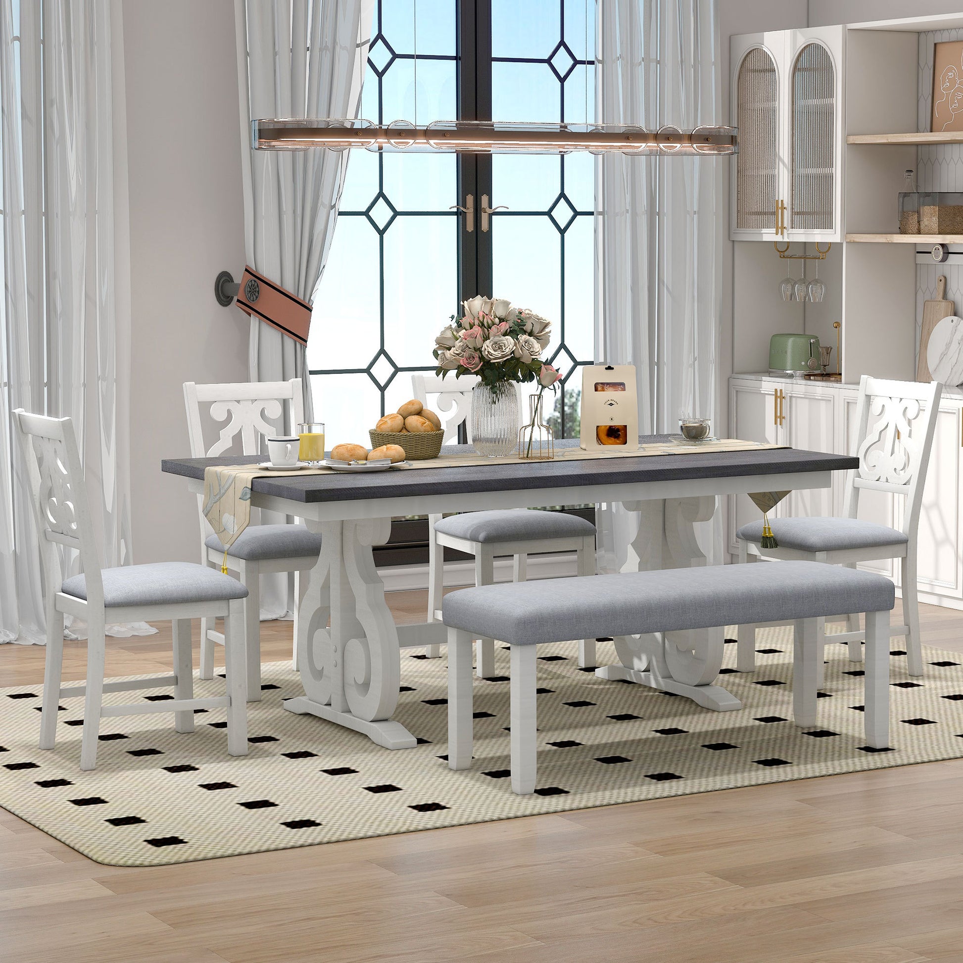 6 Piece Wooden Dining Table Set, Farmhouse Rectangular Dining Table, Four Chairs With Exquisitely Designed Hollow Chair Back And Bench For Home Dining Room Gray White White Gray Solid Wood