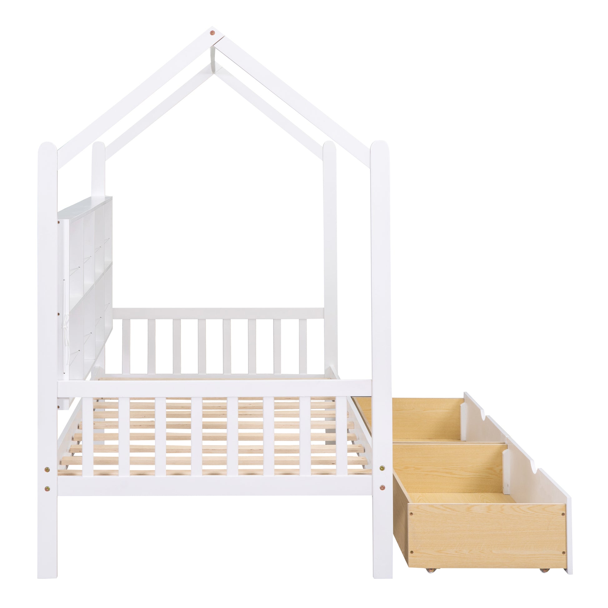 Wooden Twin Size House Bed With 2 Drawers,Kids Bed With Storage Shelf, White Twin White Solid Wood