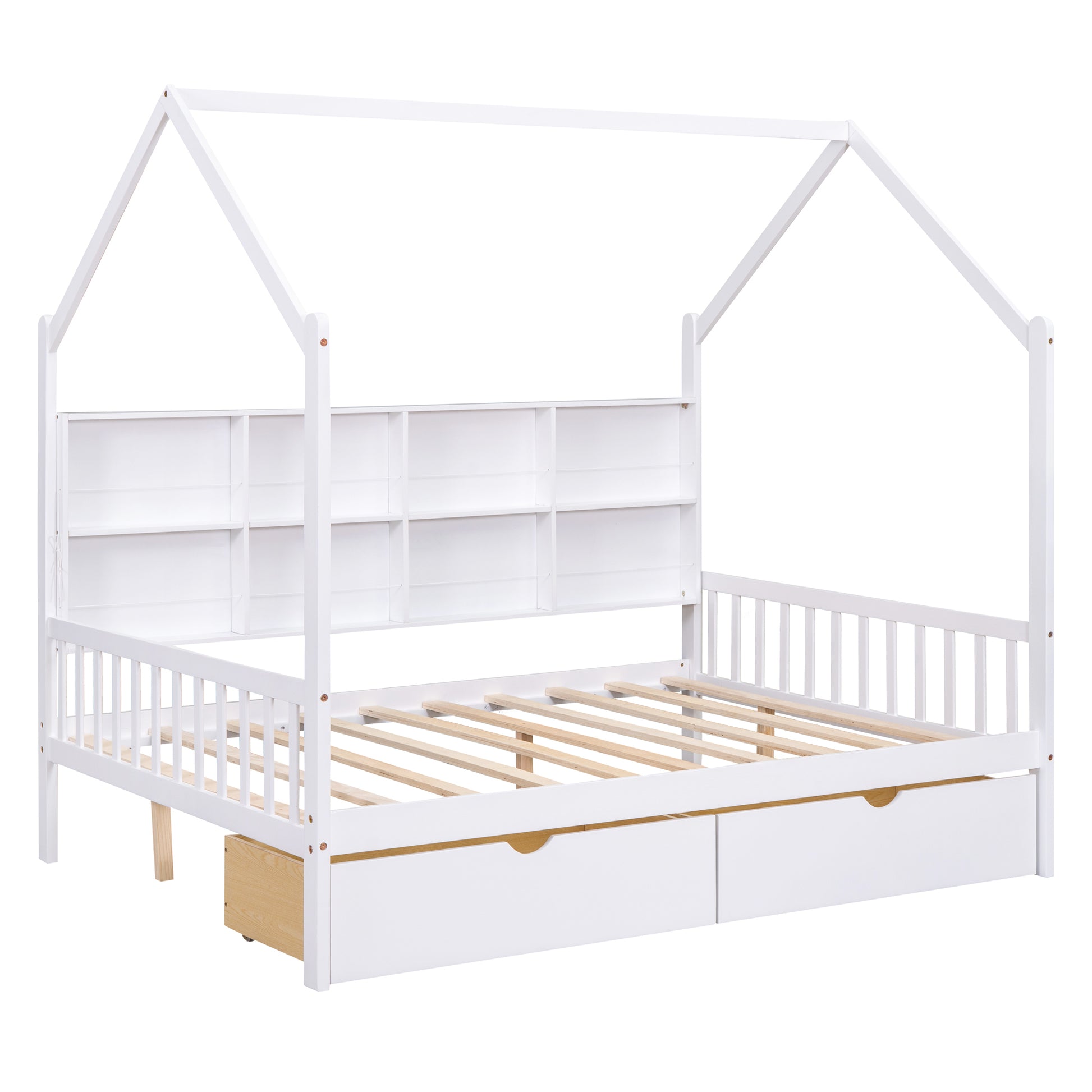 Wooden Full Size House Bed With 2 Drawers,Kids Bed With Storage Shelf, White Expected Arrival Time: 5.15 White Solid Wood