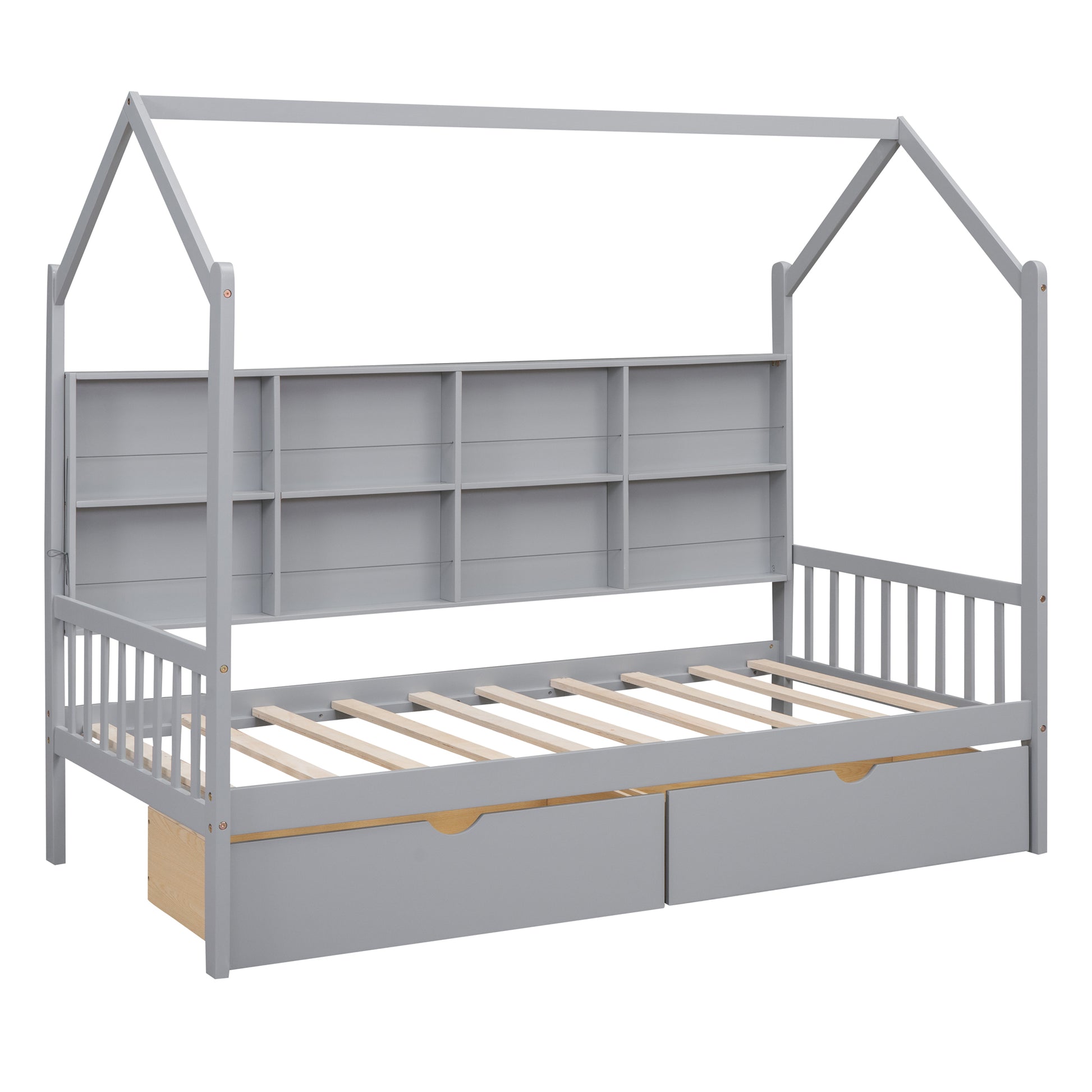 Wooden Twin Size House Bed With 2 Drawers,Kids Bed With Storage Shelf, Gray Twin Gray Solid Wood