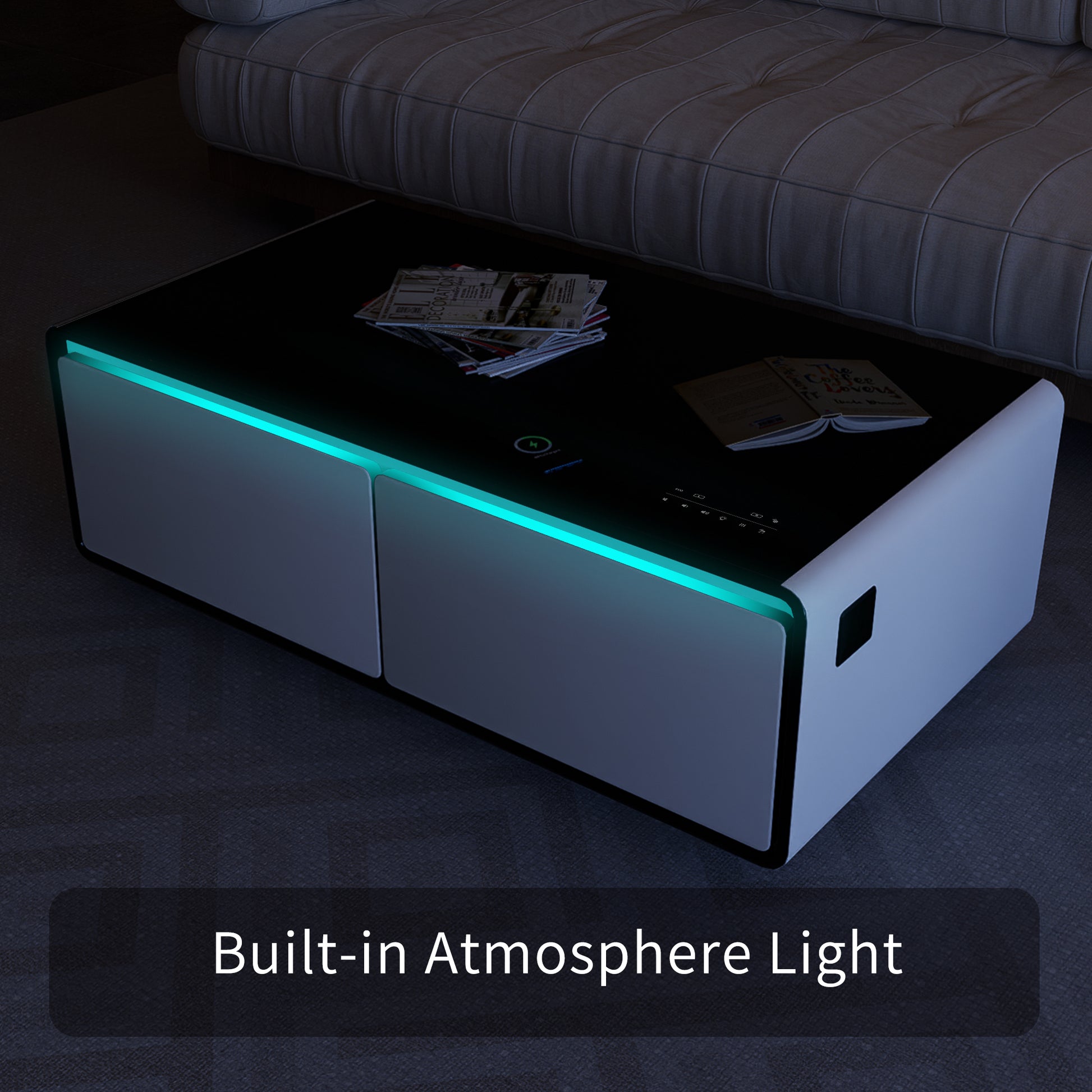 Modern Smart Coffee Table With Built In Fridge, Bluetooth Speaker, Wireless Charging Module, Touch Control Panel, Power Socket, Usb Interface, Outlet Protection, Atmosphere Light, White White Black Built In Outlets Or Usb Primary Living Space