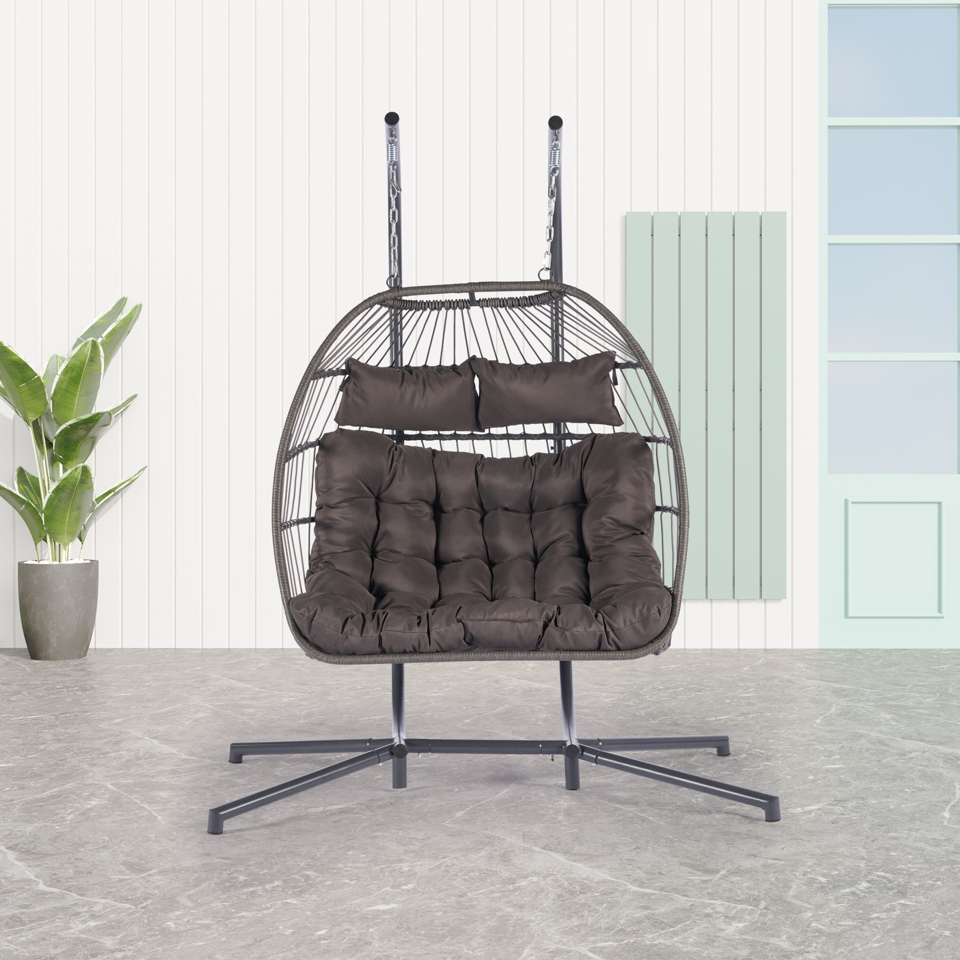 2 Person Outdoor Rattan Hanging Chair Patio Wicker Egg Chair Yes Sectional Dark Gray Uv Resistant Frame Water Resistant Cushion Garden & Outdoor American Design,American Traditional 2 Person Seating Group Polyester Rattan