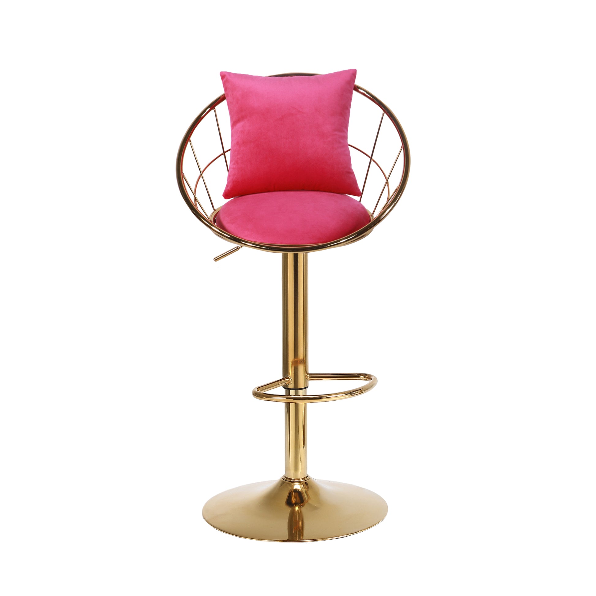 Rose Red Velvet Bar Chair, Pure Gold Plated, Unique Design,360 Degree Rotation.Adjustable Height,Suitable For Dinning Room And Bar,Set Of 2 Rose Red Velvet