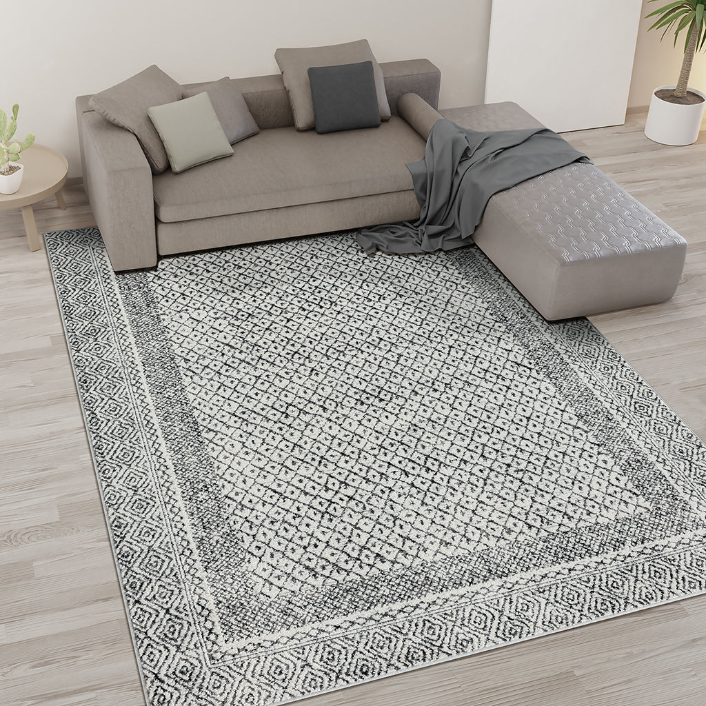 Moroccan Bordered Global Woven Area Rug Grey Cream Polyester