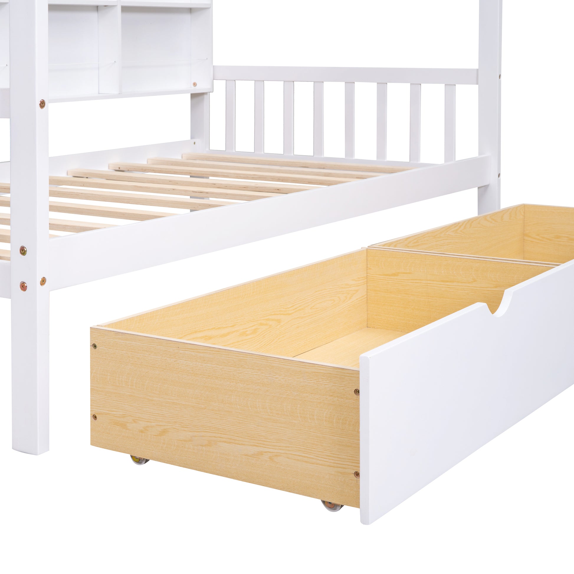 Wooden Twin Size House Bed With 2 Drawers,Kids Bed With Storage Shelf, White Twin White Solid Wood