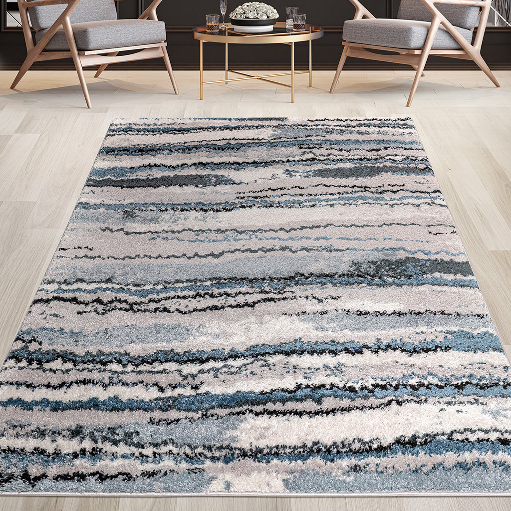 Watercolor Abstract Stripe Woven Area Rug Blue Polyester