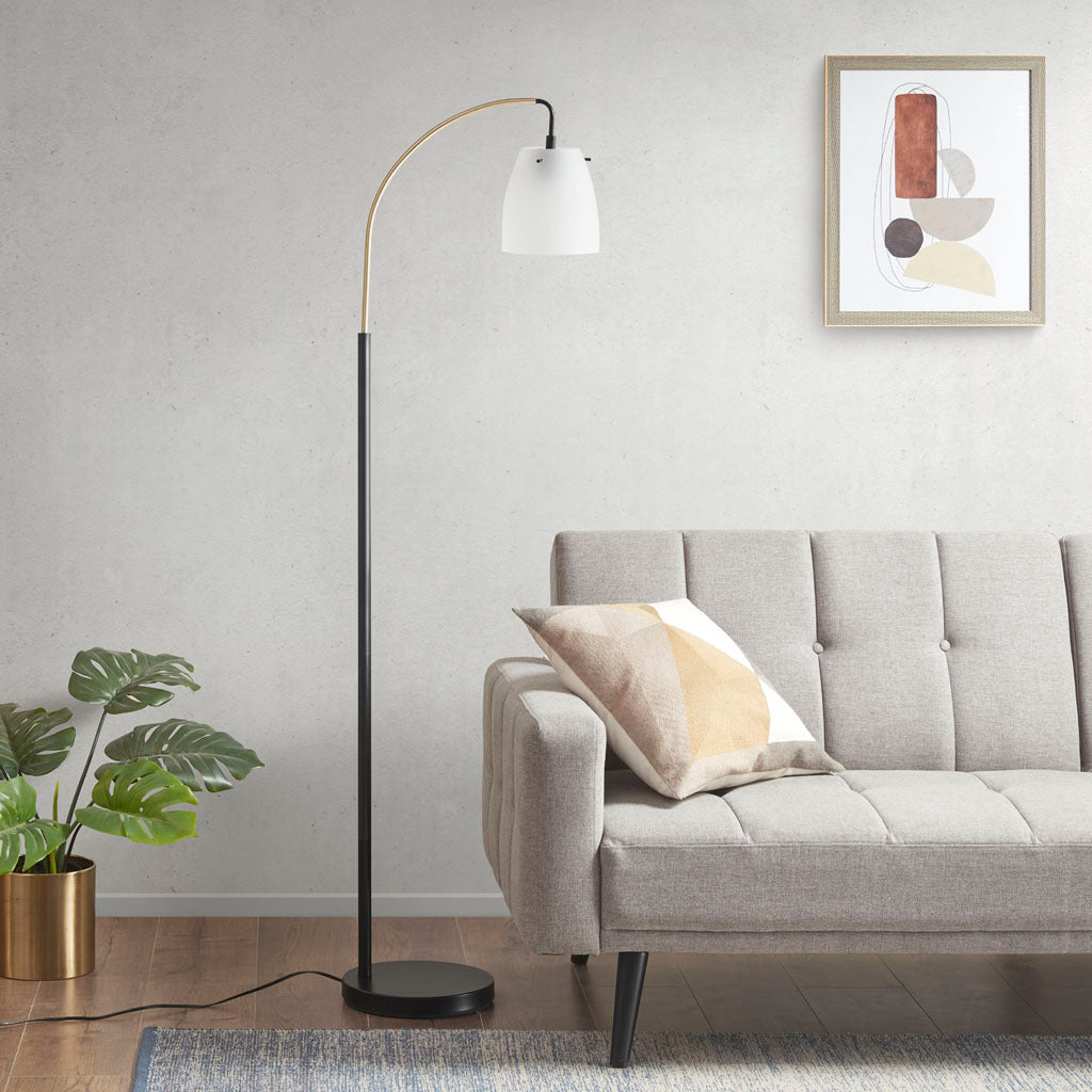 Arched Metal Floor Lamp With Frosted Glass Shade Matte Black Base Frosted Shade Iron