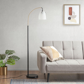 Arched Metal Floor Lamp With Frosted Glass Shade Matte Black Base Frosted Shade Iron