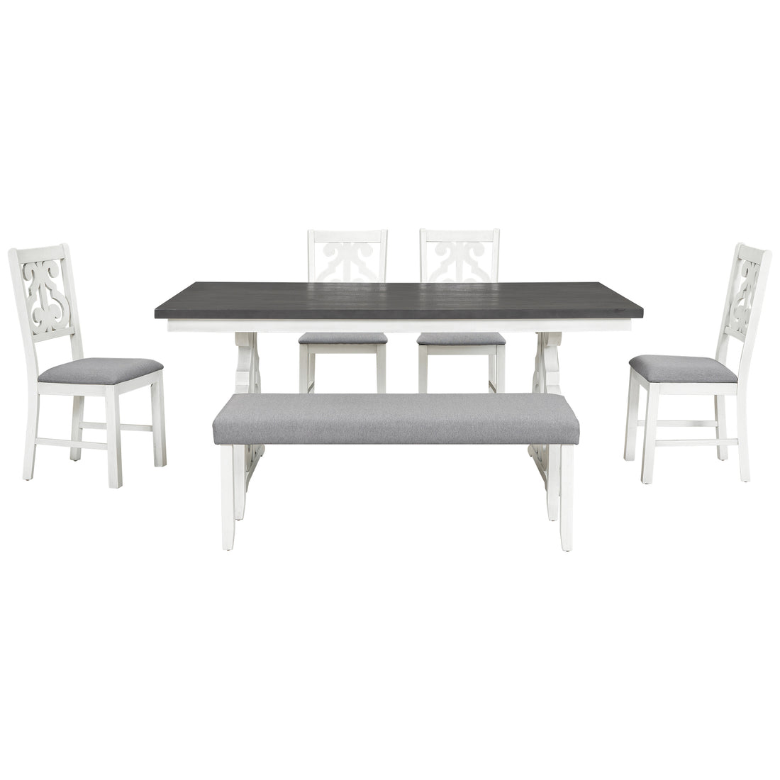6 Piece Wooden Dining Table Set, Farmhouse Rectangular Dining Table, Four Chairs With Exquisitely Designed Hollow Chair Back And Bench For Home Dining Room Gray White White Gray Solid Wood