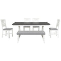 6 Piece Wooden Dining Table Set, Farmhouse Rectangular Dining Table, Four Chairs With Exquisitely Designed Hollow Chair Back And Bench For Home Dining Room Gray White White Gray Solid Wood