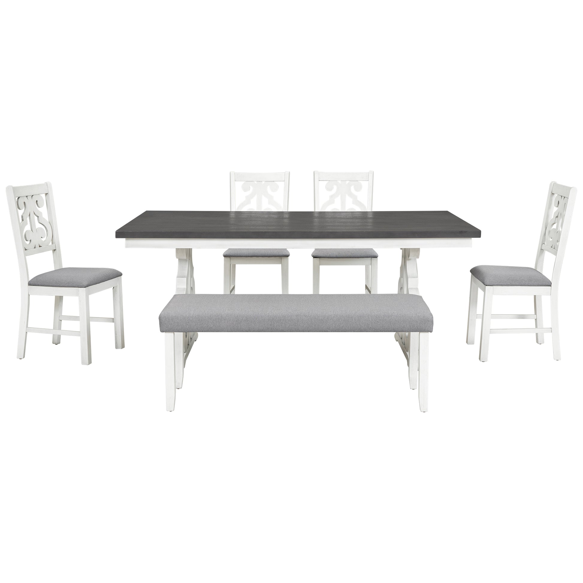 6 Piece Wooden Dining Table Set, Farmhouse Rectangular Dining Table, Four Chairs With Exquisitely Designed Hollow Chair Back And Bench For Home Dining Room Gray White White Gray Solid Wood