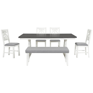 6 Piece Wooden Dining Table Set, Farmhouse Rectangular Dining Table, Four Chairs With Exquisitely Designed Hollow Chair Back And Bench For Home Dining Room Gray White White Gray Solid Wood