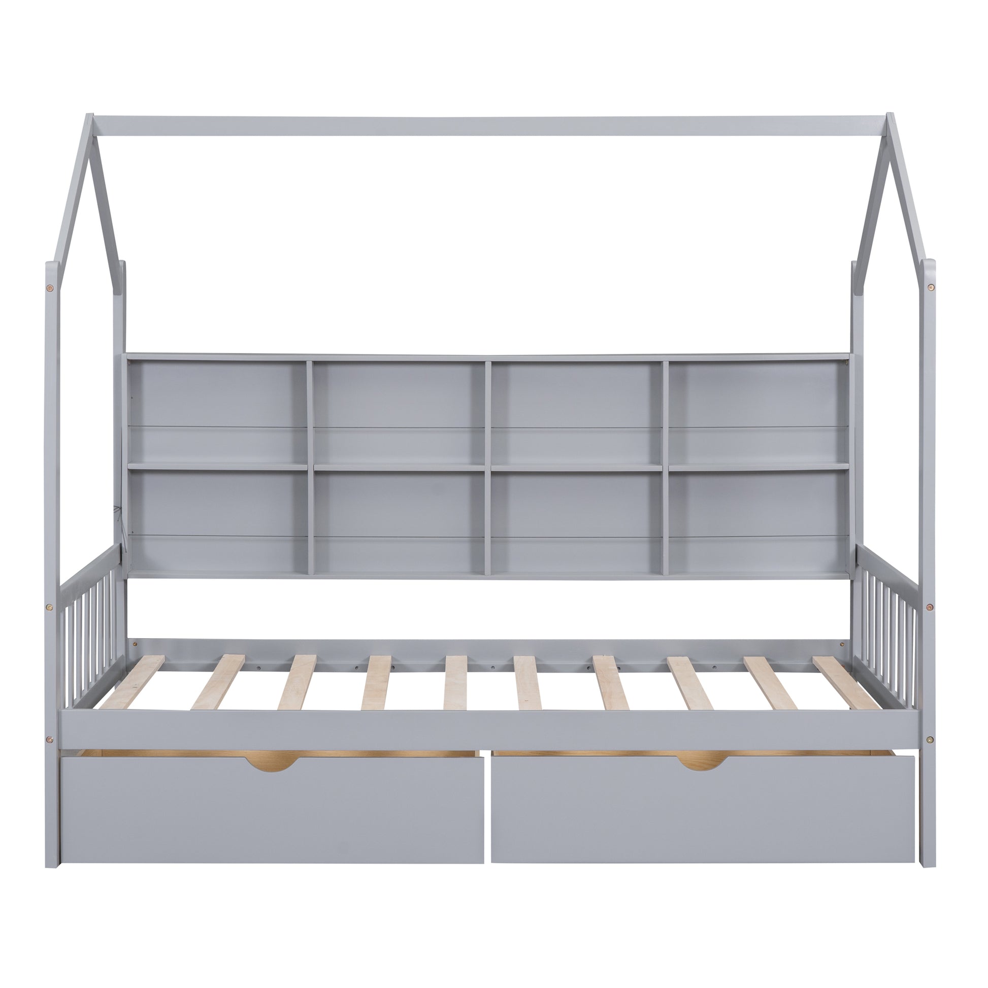 Wooden Twin Size House Bed With 2 Drawers,Kids Bed With Storage Shelf, Gray Twin Gray Solid Wood