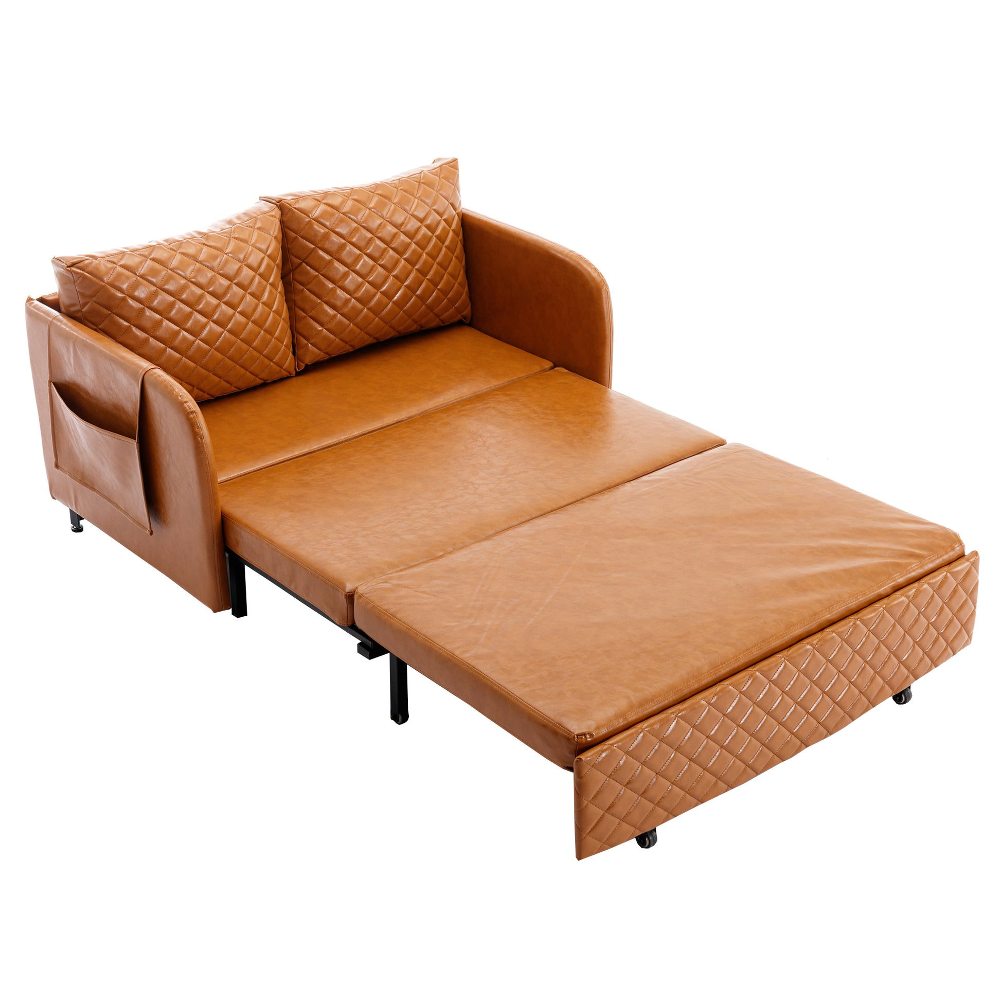 Coolmore Convertible Sleeper Sofa Bed, Modern Velvet Loveseat Couch With Pull Out Bed, Small Beautiful Seat Futon Sofa Bed With Headboard, 2 Pillows & Side Pockets For Living Room Brown Pu