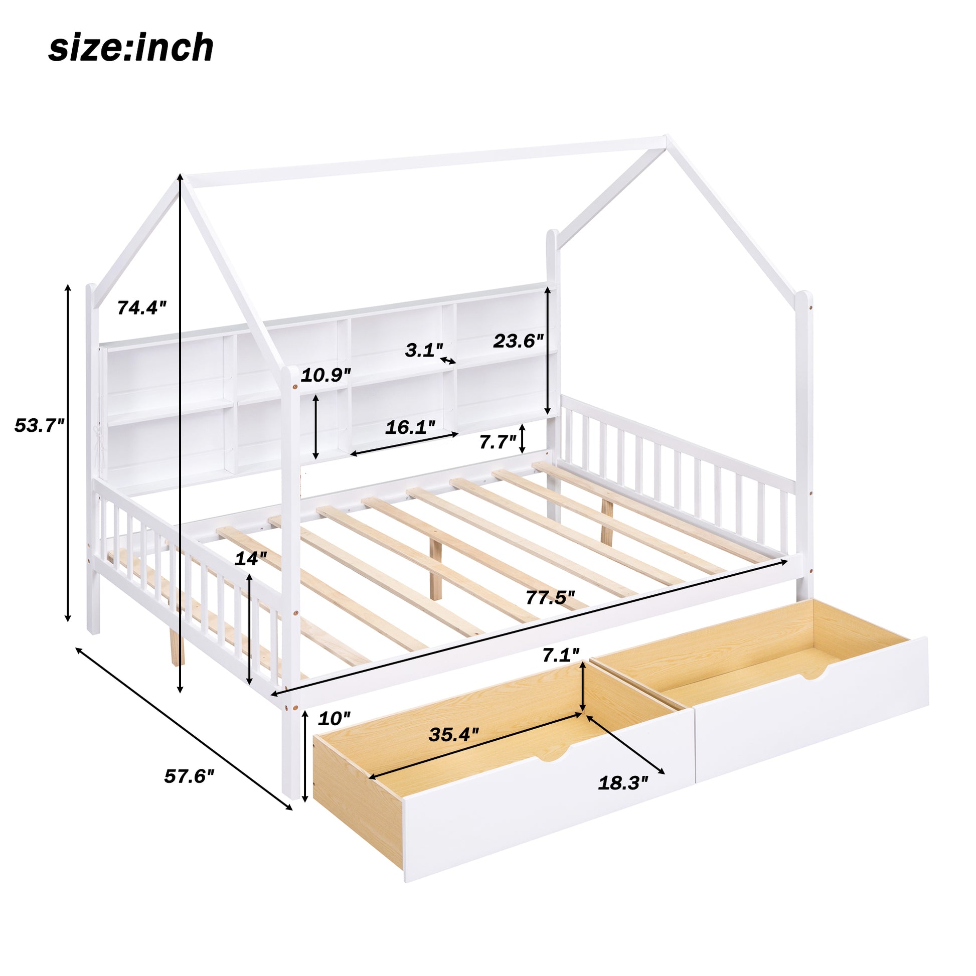 Wooden Full Size House Bed With 2 Drawers,Kids Bed With Storage Shelf, White Expected Arrival Time: 5.15 White Solid Wood