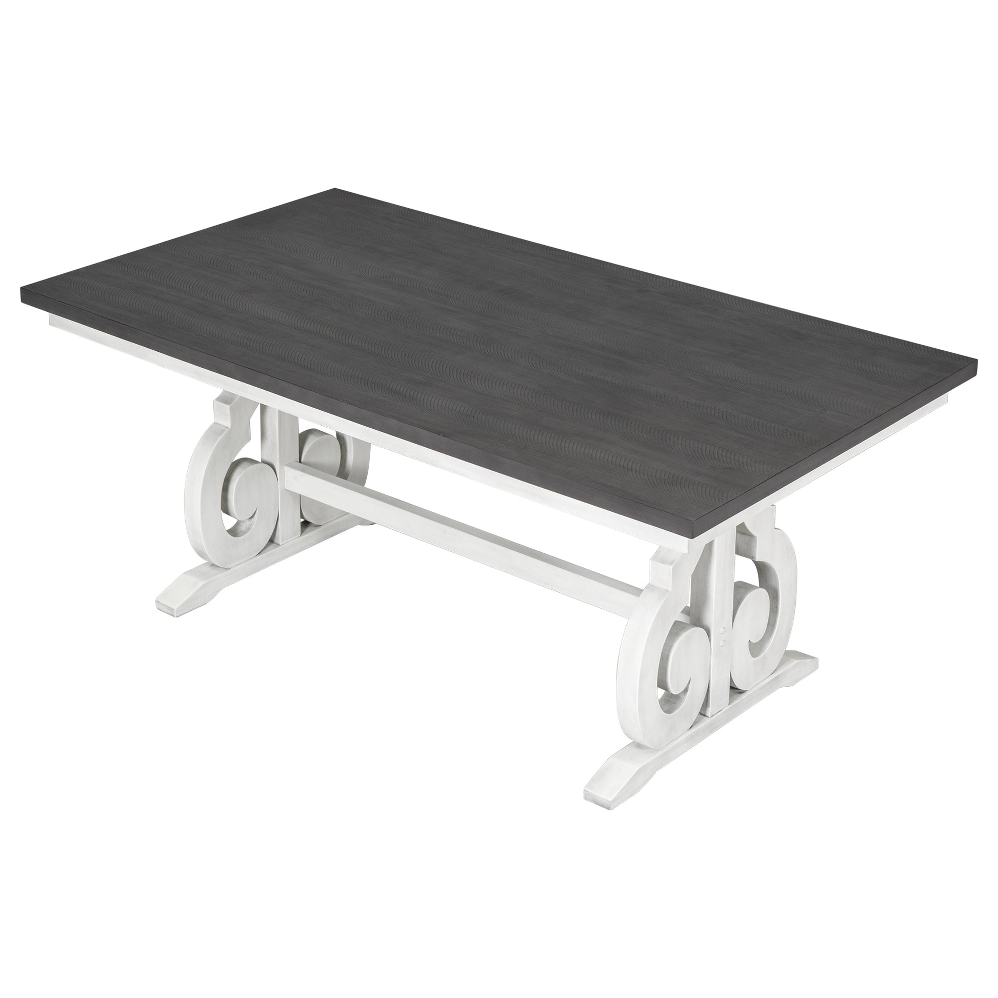 6 Piece Wooden Dining Table Set, Farmhouse Rectangular Dining Table, Four Chairs With Exquisitely Designed Hollow Chair Back And Bench For Home Dining Room Gray White White Gray Solid Wood