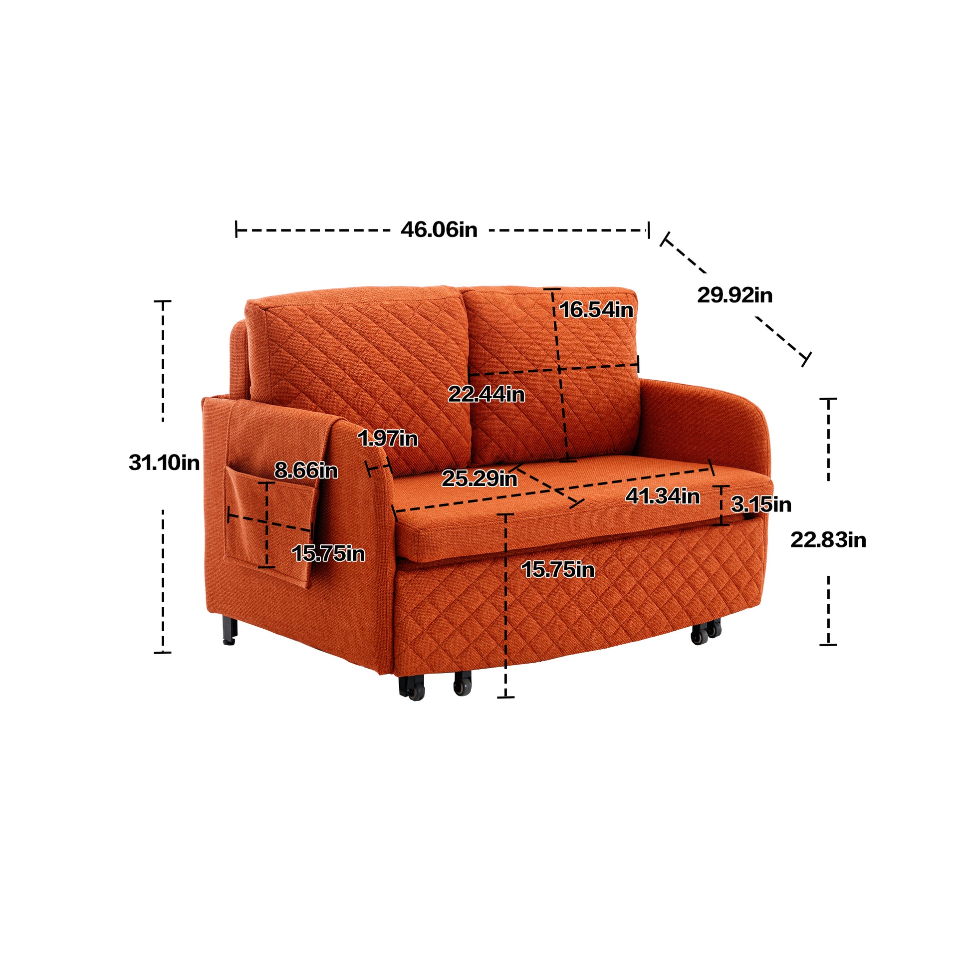 Coolmore Convertible Sleeper Sofa Bed, Modern Velvet Loveseat Couch With Pull Out Bed, Small Beautiful Seat Futon Sofa Bed With Headboard, 2 Pillows & Side Pockets For Living Room Orange Linen