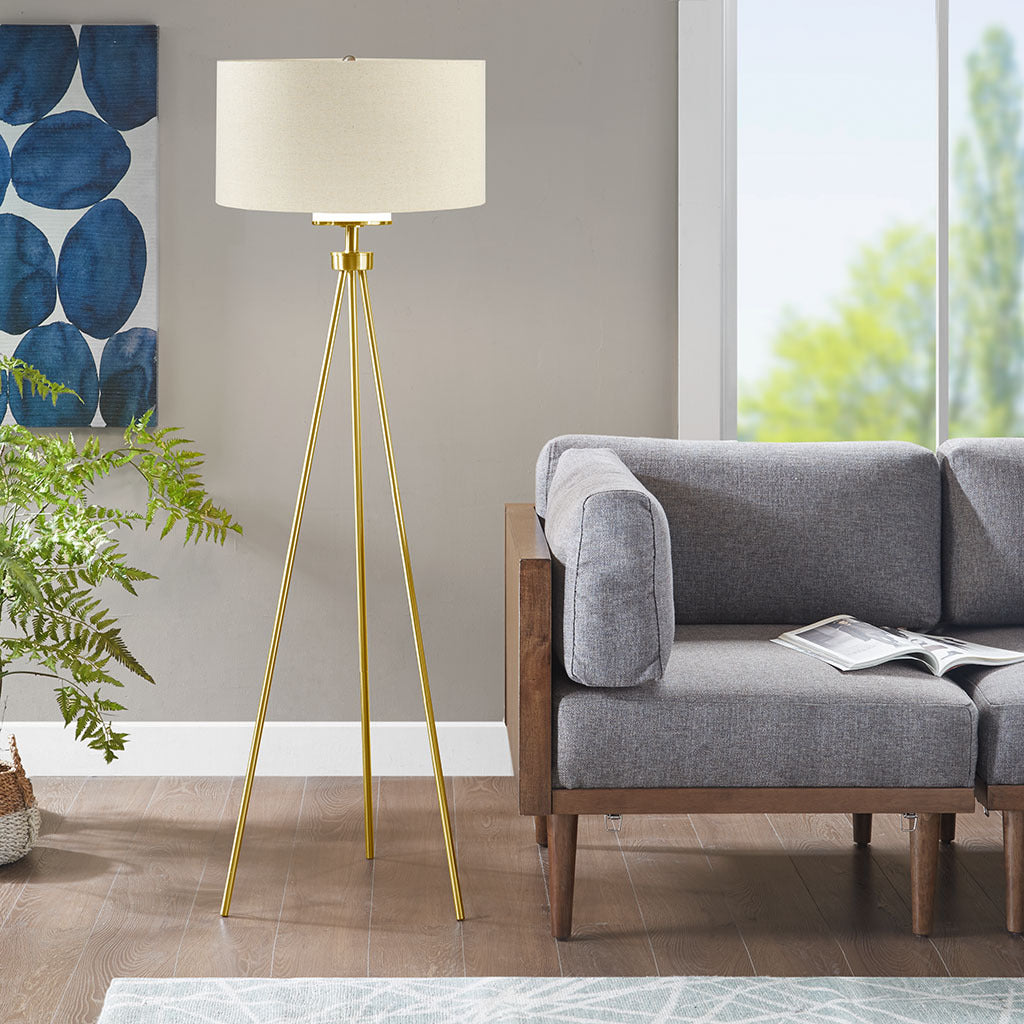 Pacific Metal Tripod Floor Lamp With Glass Shade Gold Cotton