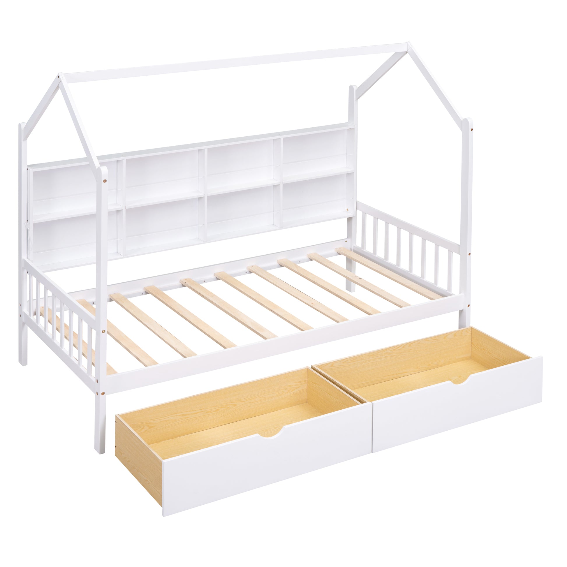 Wooden Twin Size House Bed With 2 Drawers,Kids Bed With Storage Shelf, White Twin White Solid Wood