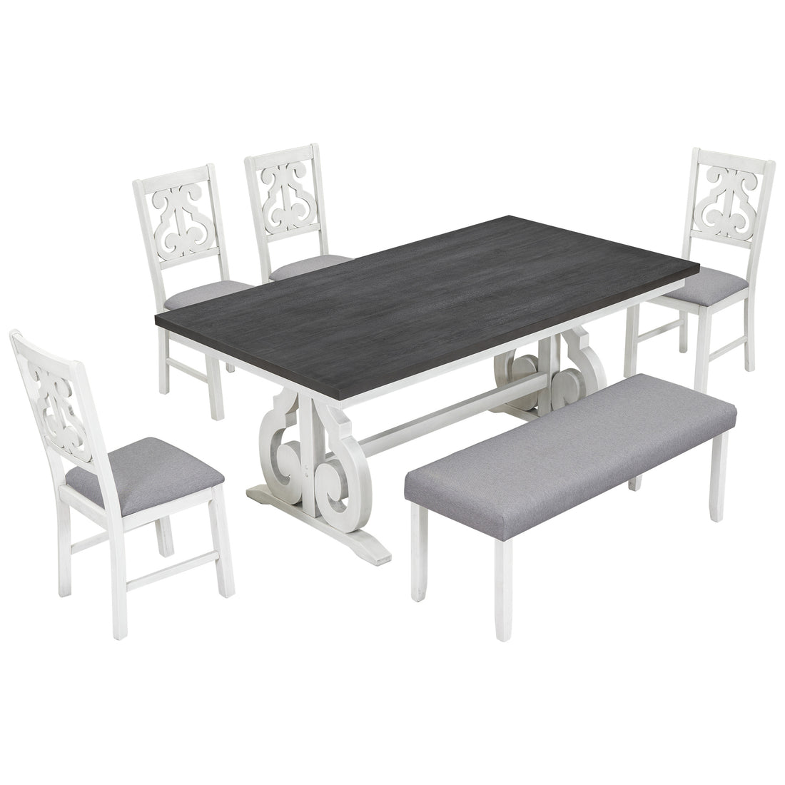 6 Piece Wooden Dining Table Set, Farmhouse Rectangular Dining Table, Four Chairs With Exquisitely Designed Hollow Chair Back And Bench For Home Dining Room Gray White White Gray Solid Wood